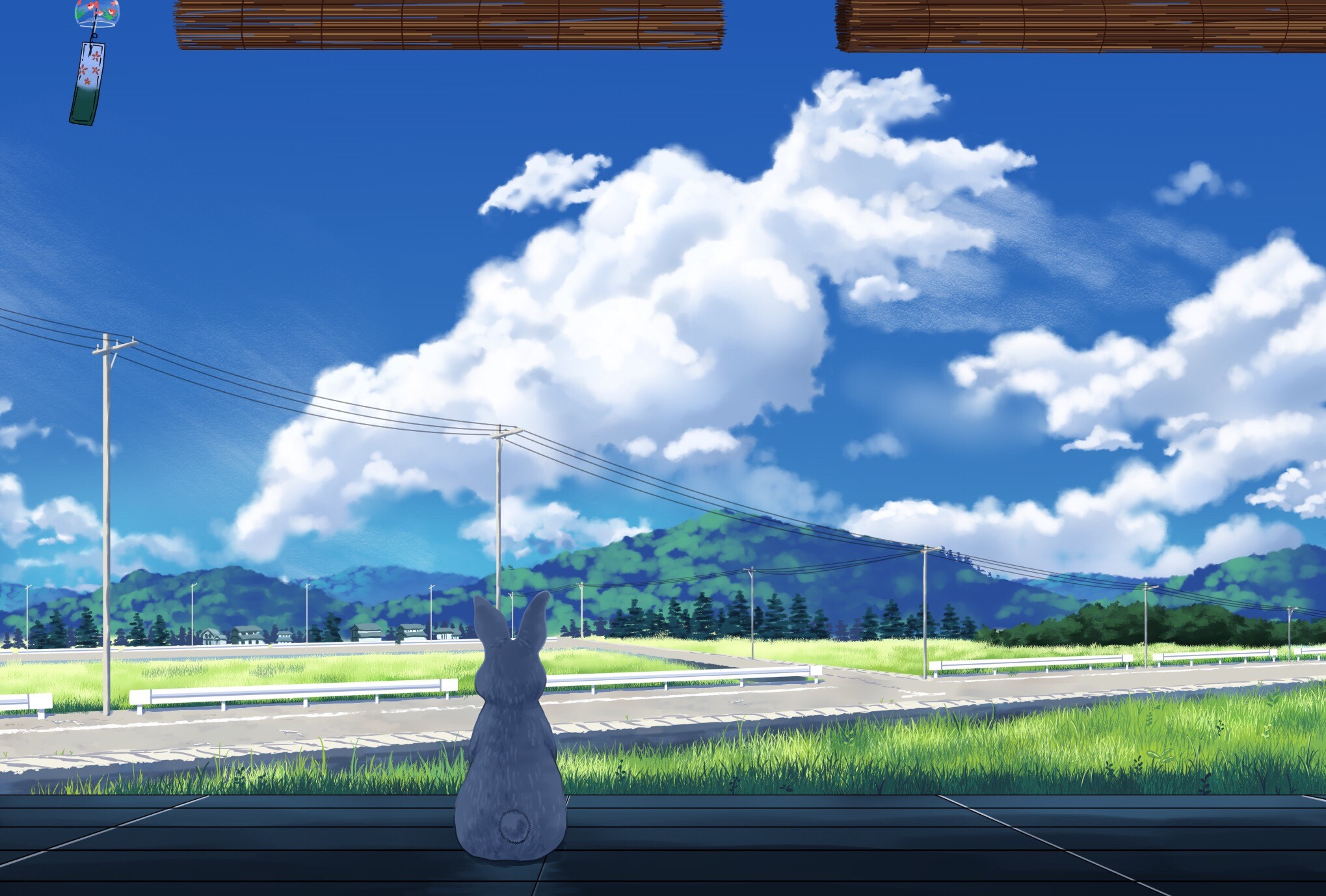 Rabbit statue looking at a rural landscape with clouds HD Wallpaper