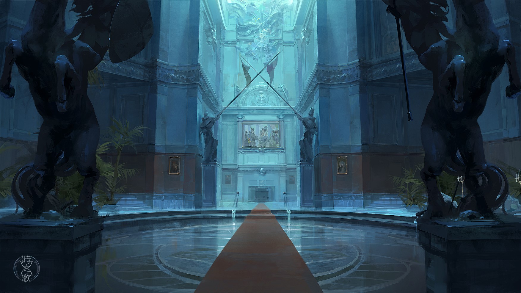 Grand Hall with Statues and Artwork HD Wallpaper