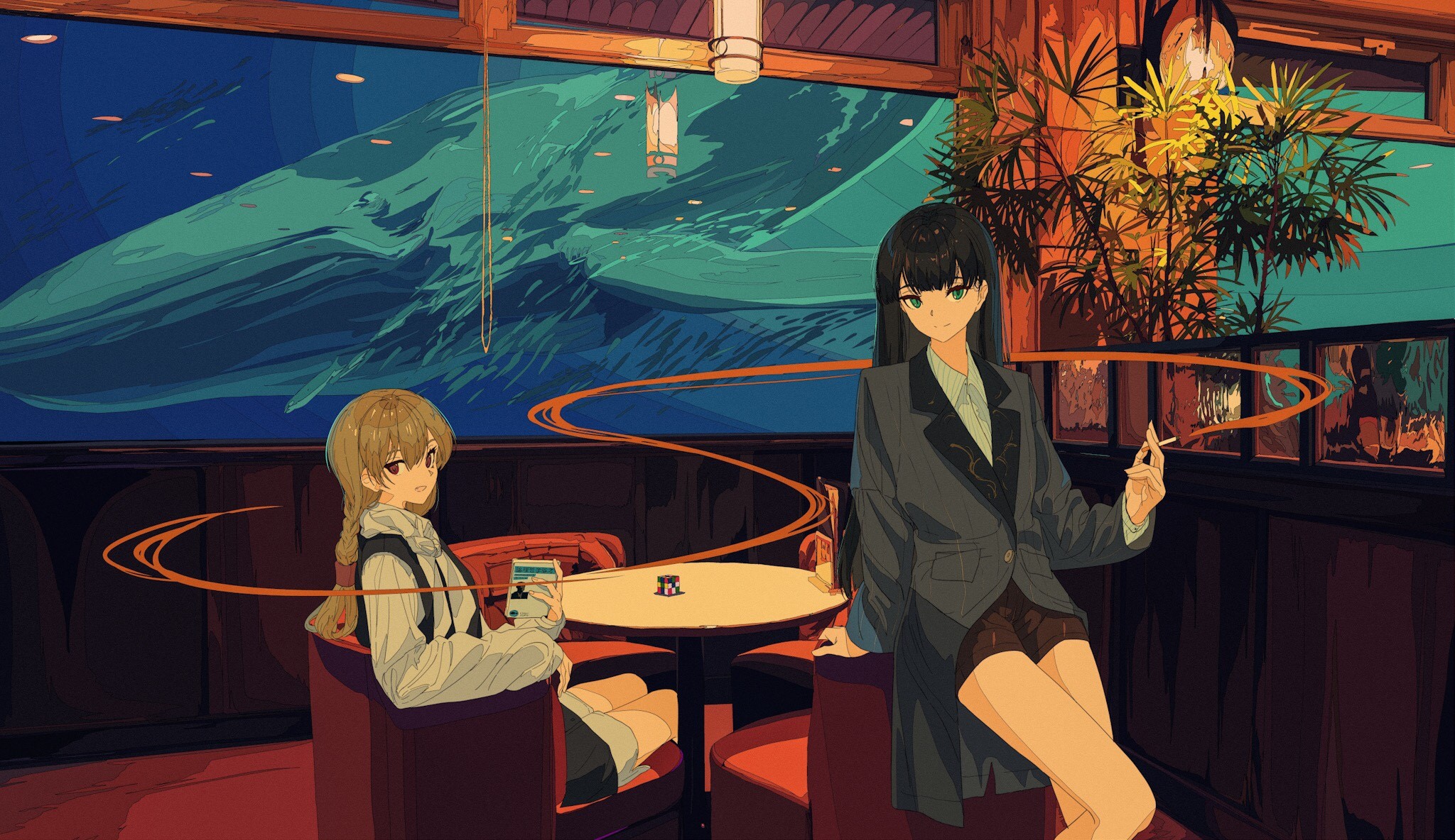 Two anime girls in a cafe with a whale in the background HD Wallpaper