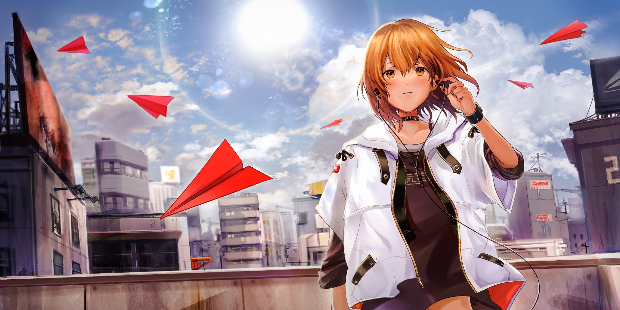 Anime girl with headphones in cityscape with paper planes HD Wallpaper