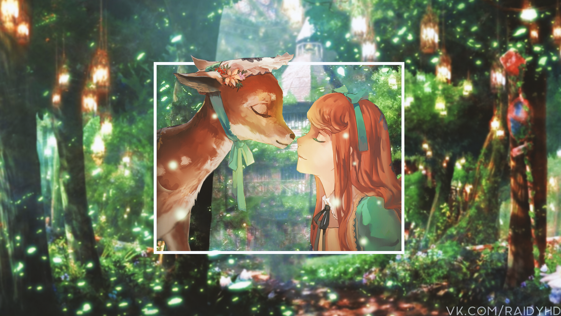 Anime girl and deer in a magical forest HD Wallpaper