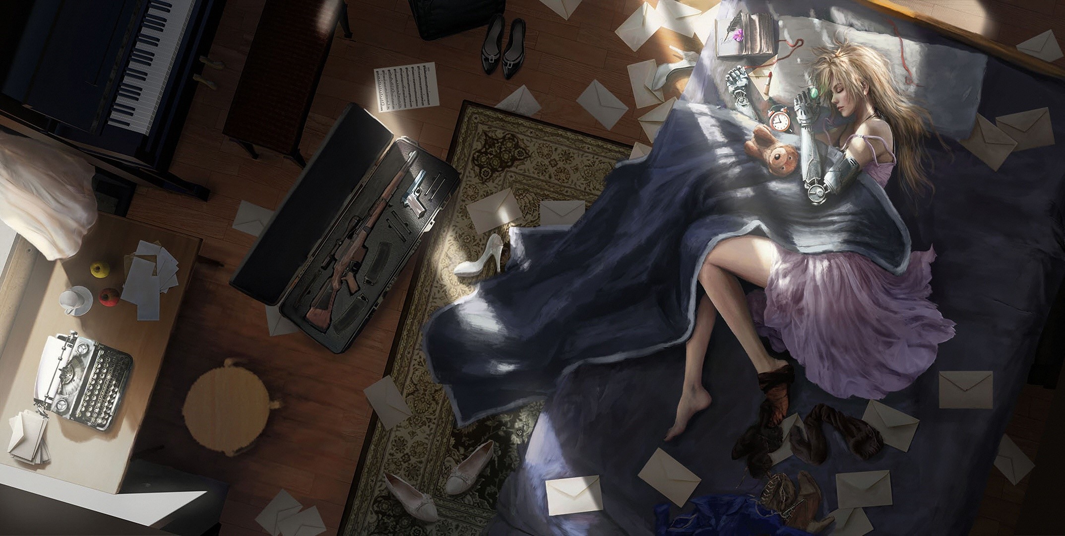Anime girl with mechanical arm sleeping on bed HD Wallpaper