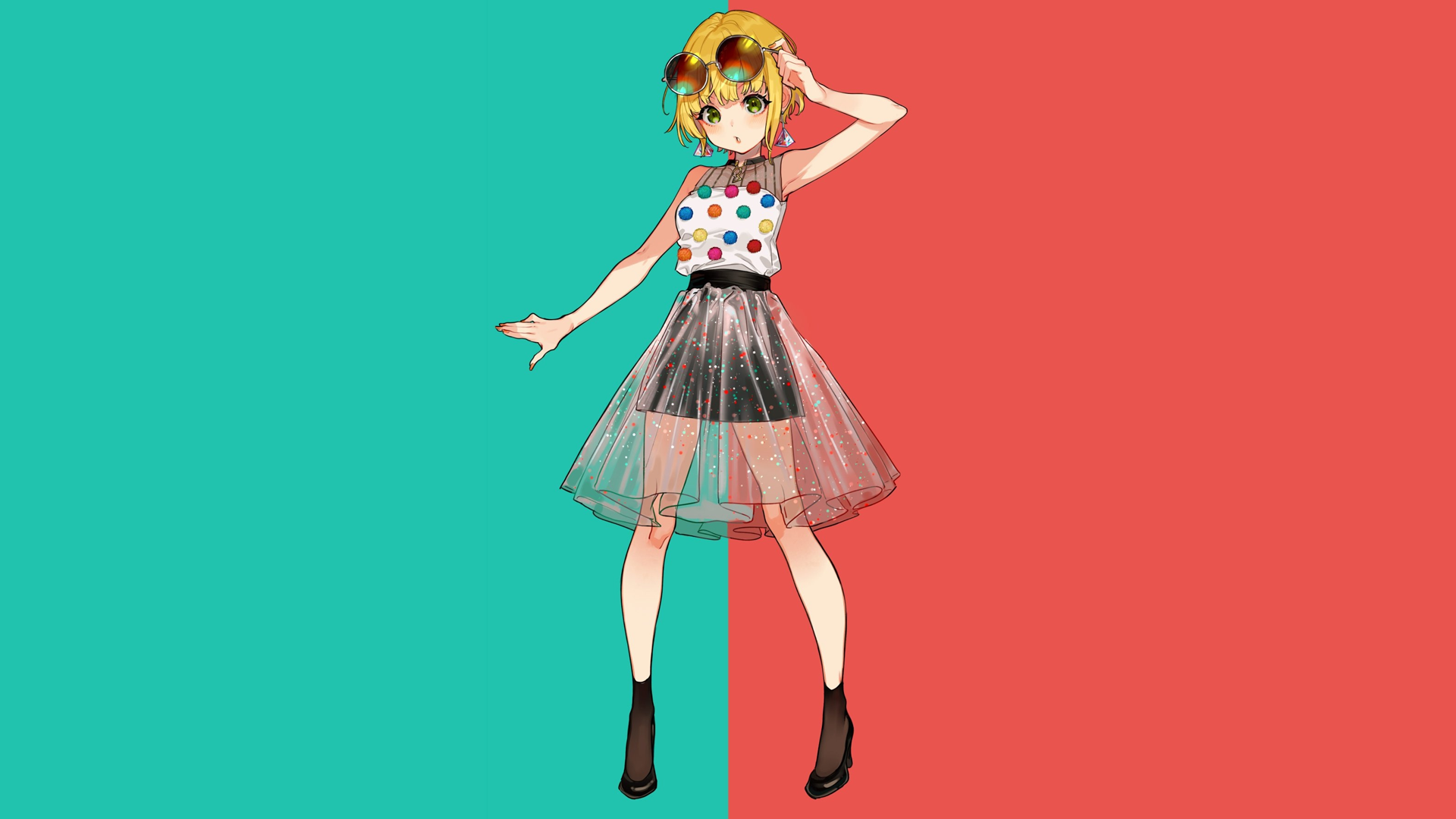 Anime girl with polka dot top and sheer skirt HD Wallpaper