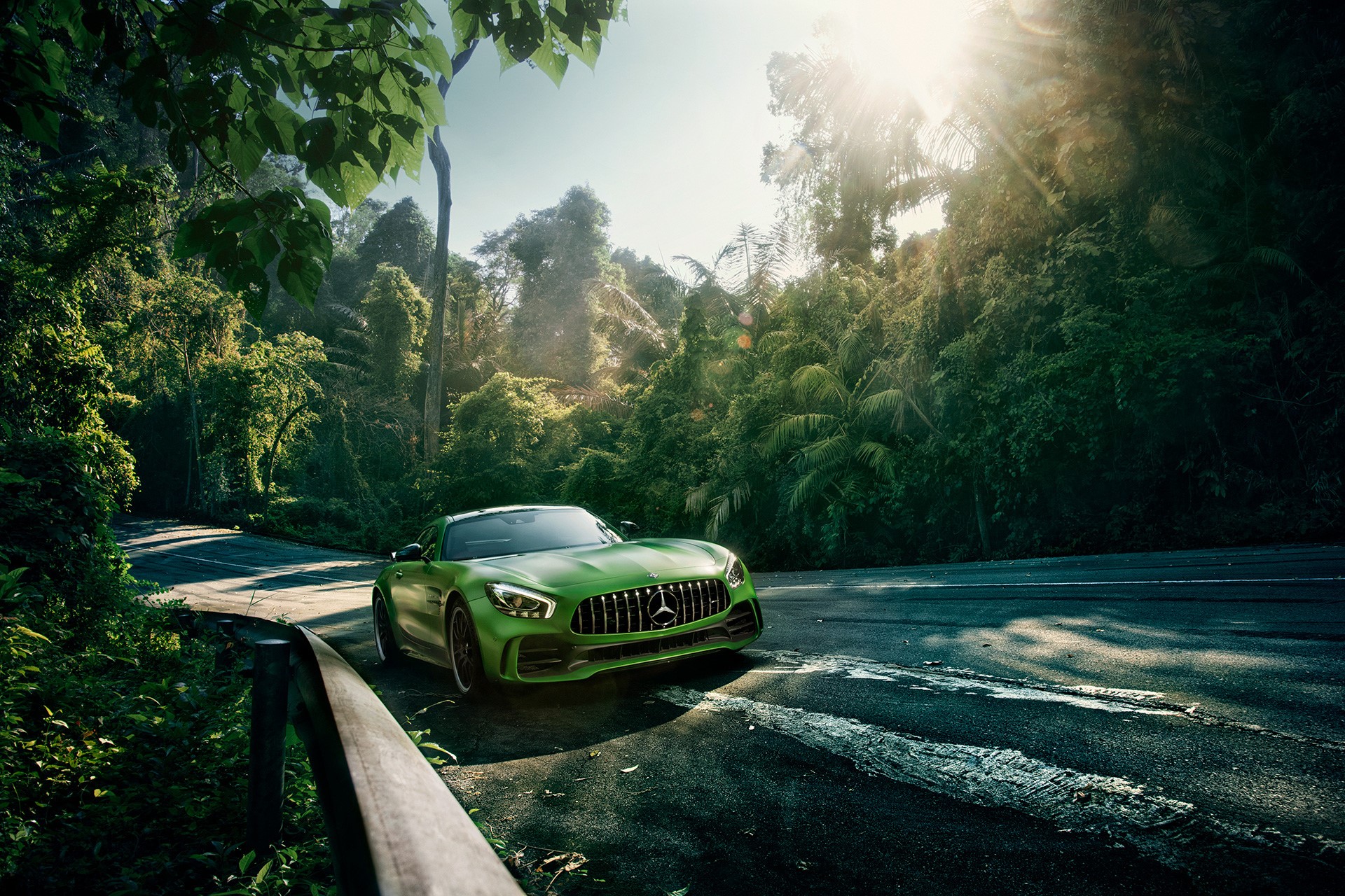 Green Mercedes-Benz AMG GT R on a forest road HD Wallpaper