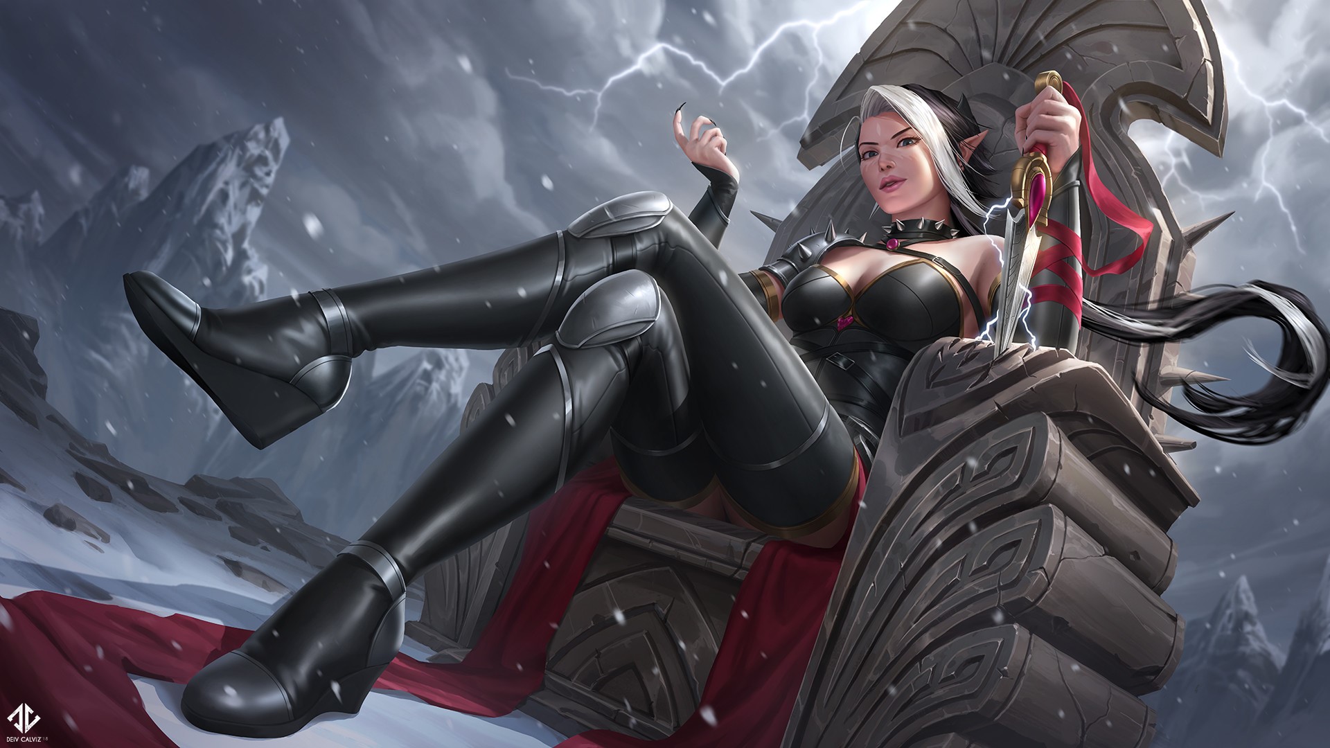 Warrior woman sitting on a throne with a dagger HD Wallpaper