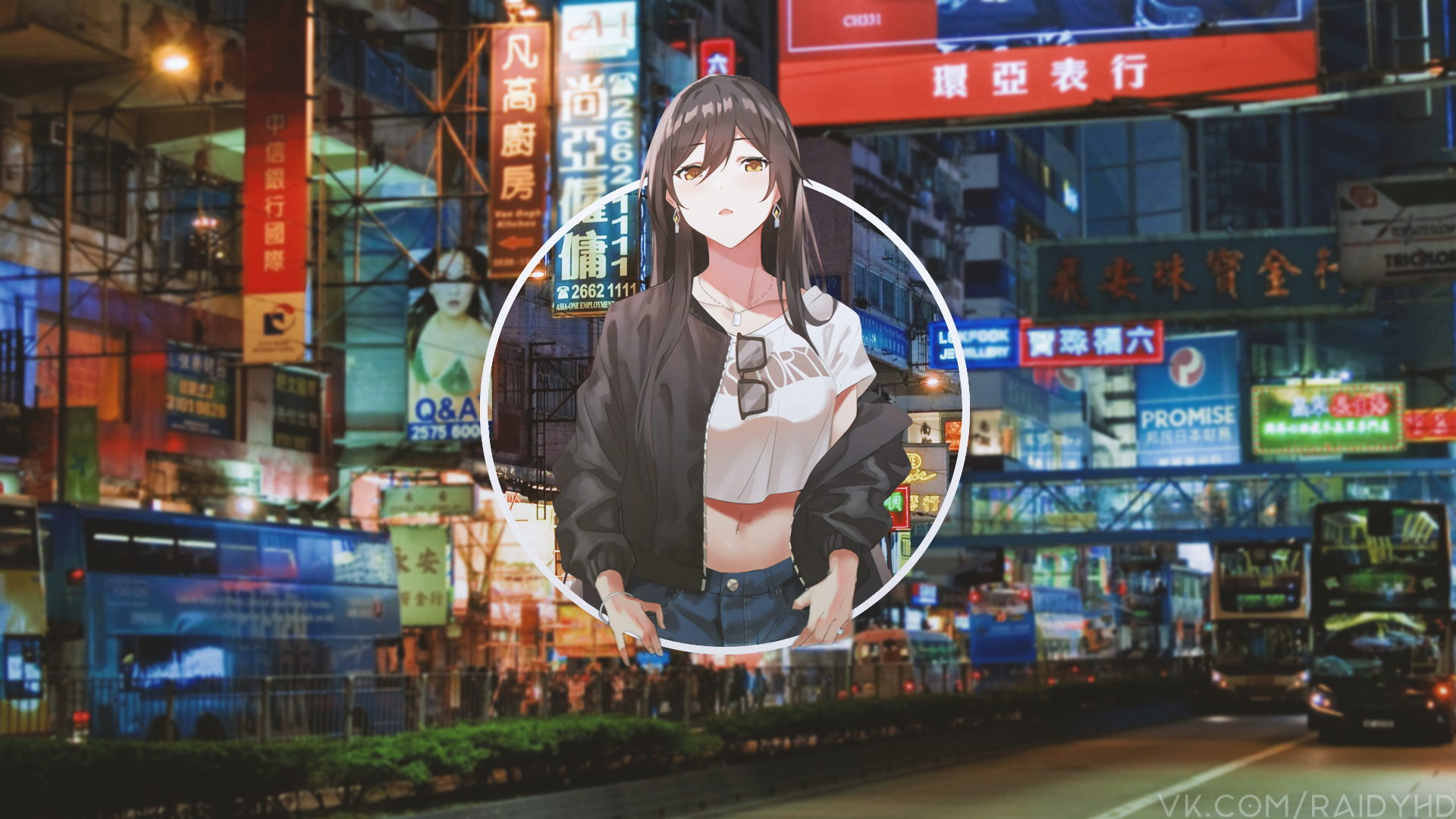 Anime girl in a city at night HD Wallpaper
