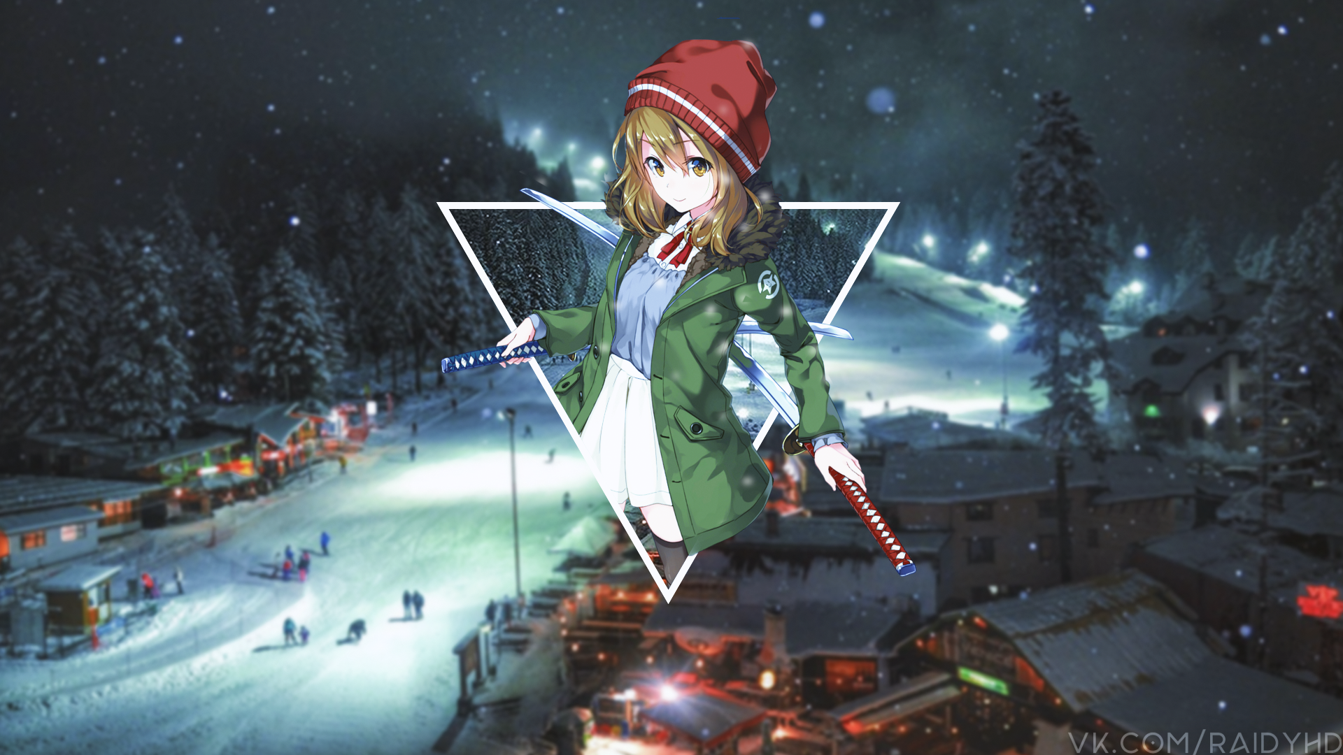 Anime girl with swords on snowy mountain resort HD Wallpaper