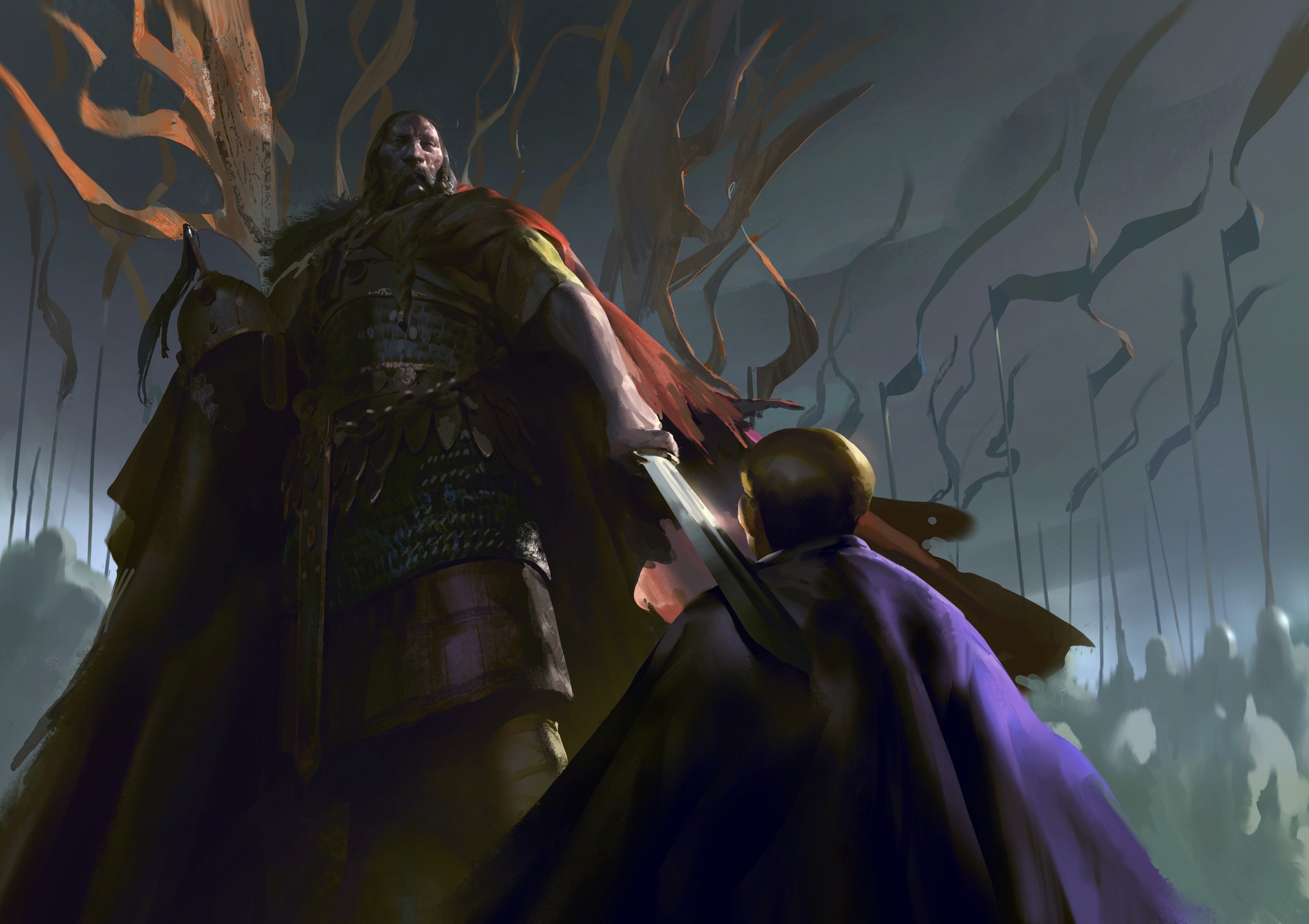 Giant warrior with sword facing a smaller figure HD Wallpaper