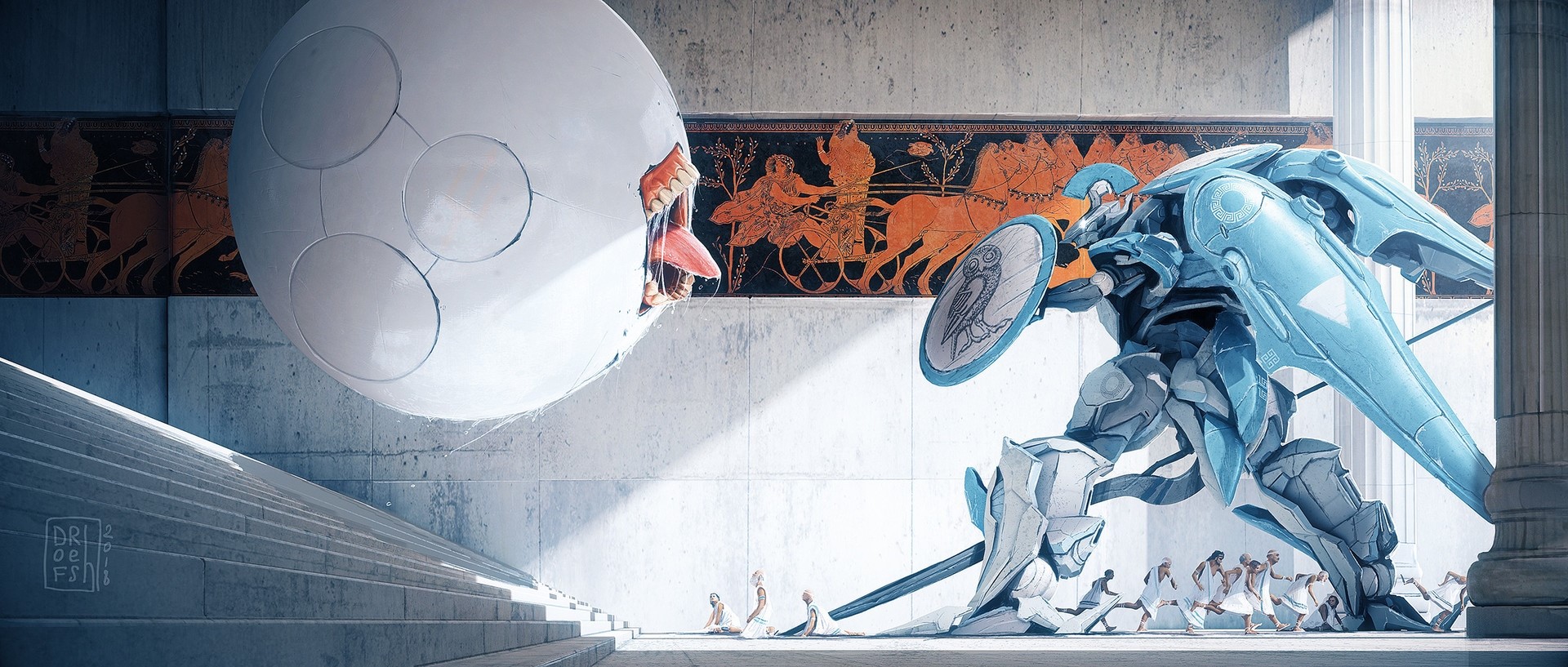Robot warrior fighting a giant egg creature in ancient temple HD Wallpaper