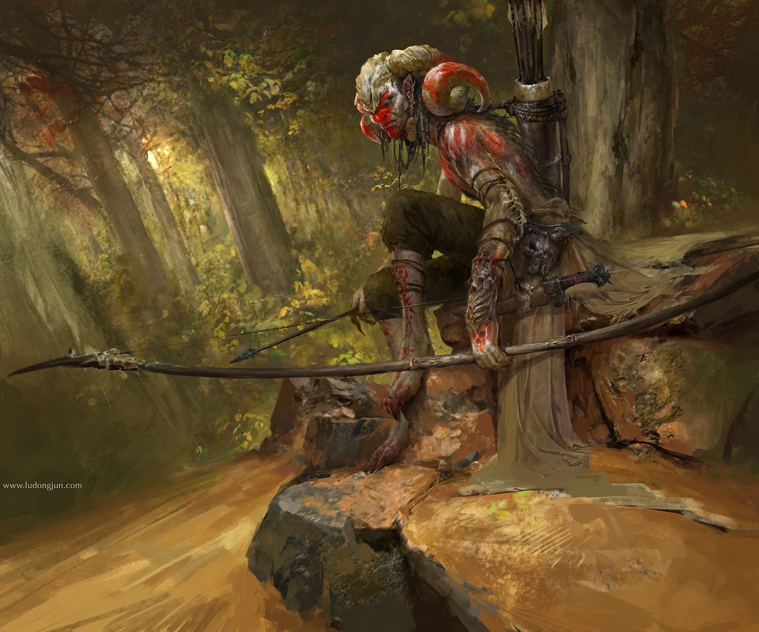 Fantasy warrior archer with ram horns in a forest HD Wallpaper