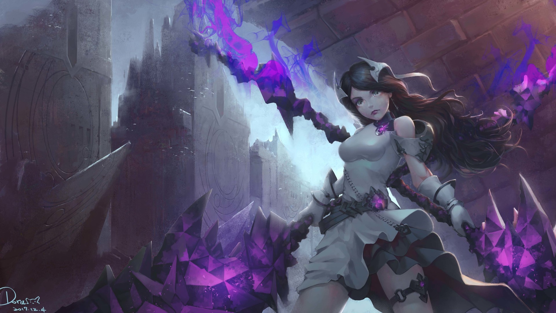 Fantasy warrior with purple magic weapons in ruins HD Wallpaper