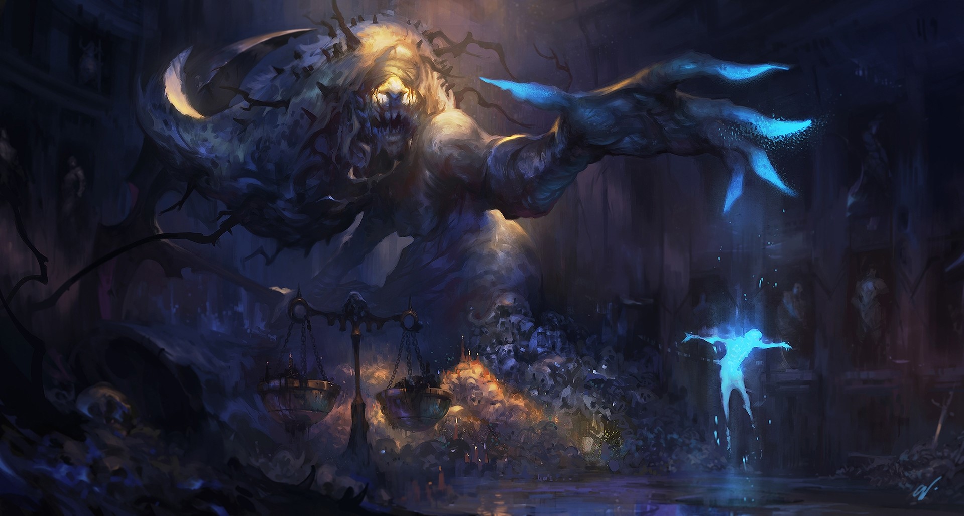 Giant monster with glowing hand and a glowing person HD Wallpaper
