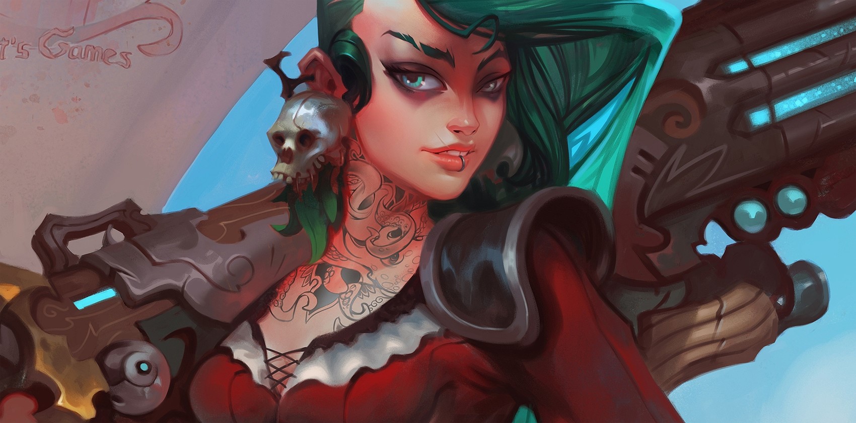 Fantasy warrior with skull earring and gun HD Wallpaper