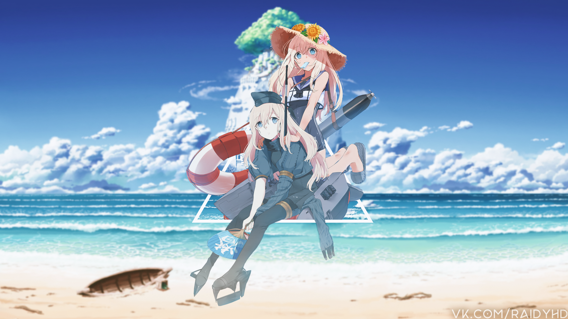 Anime girls on a beach with a torpedo HD Wallpaper