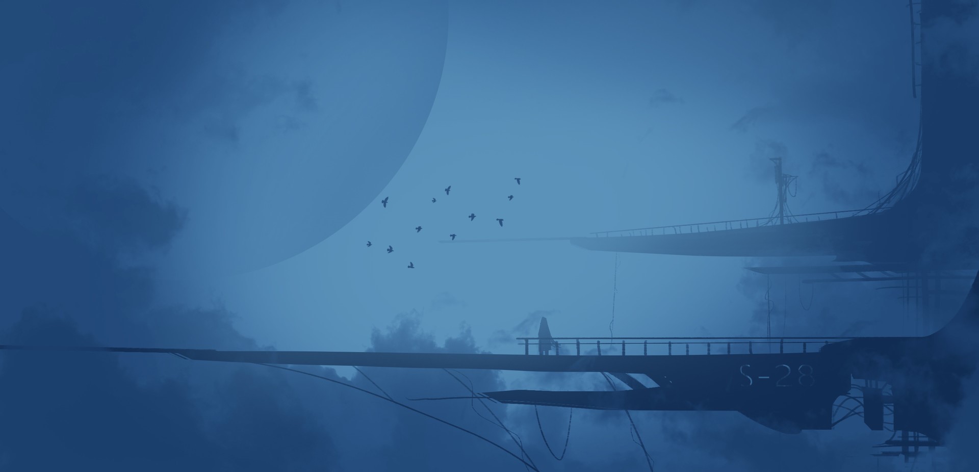 Futuristic structures and birds in a blue atmosphere HD Wallpaper