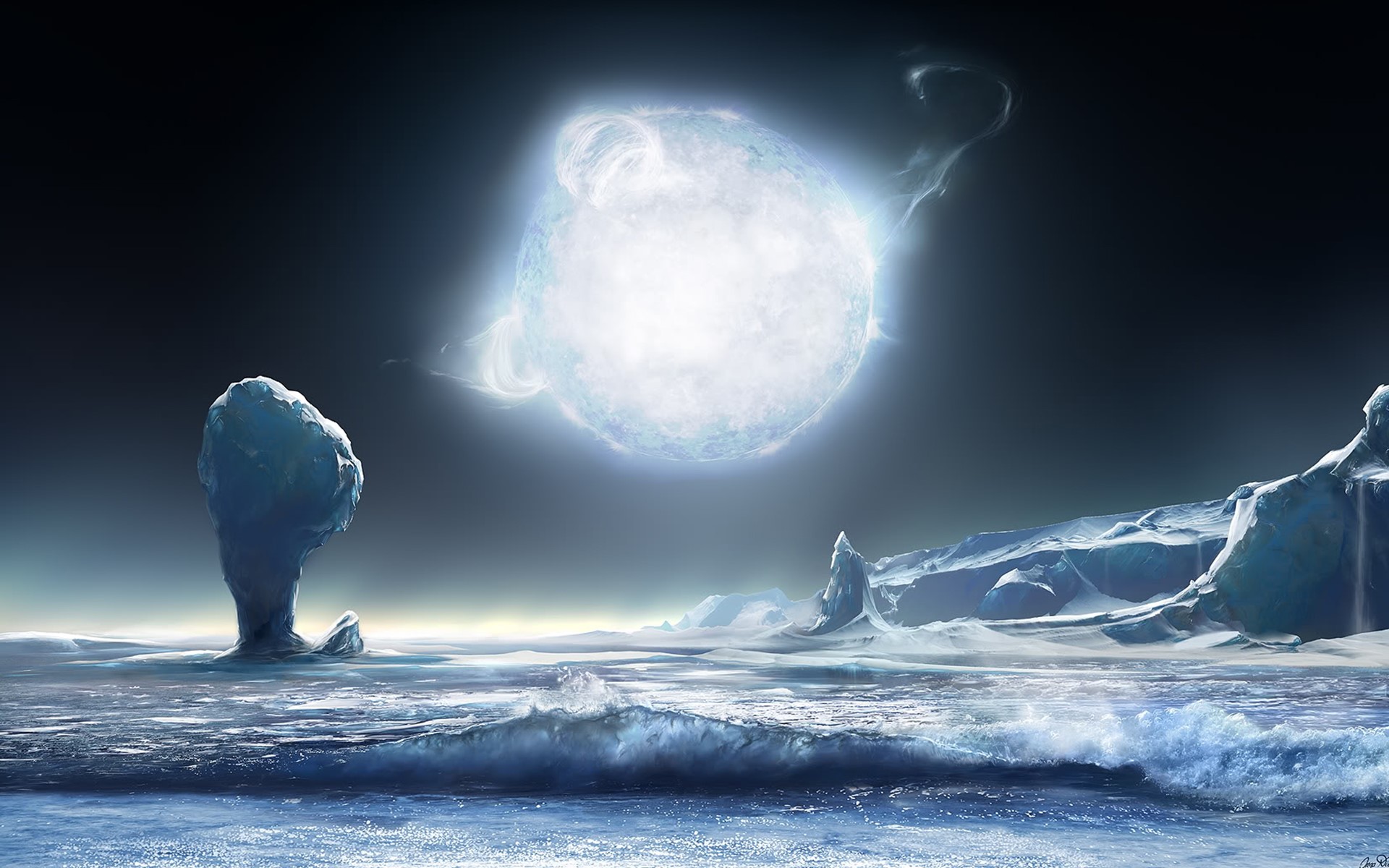 Alien planet with icy landscape and bright star HD Wallpaper
