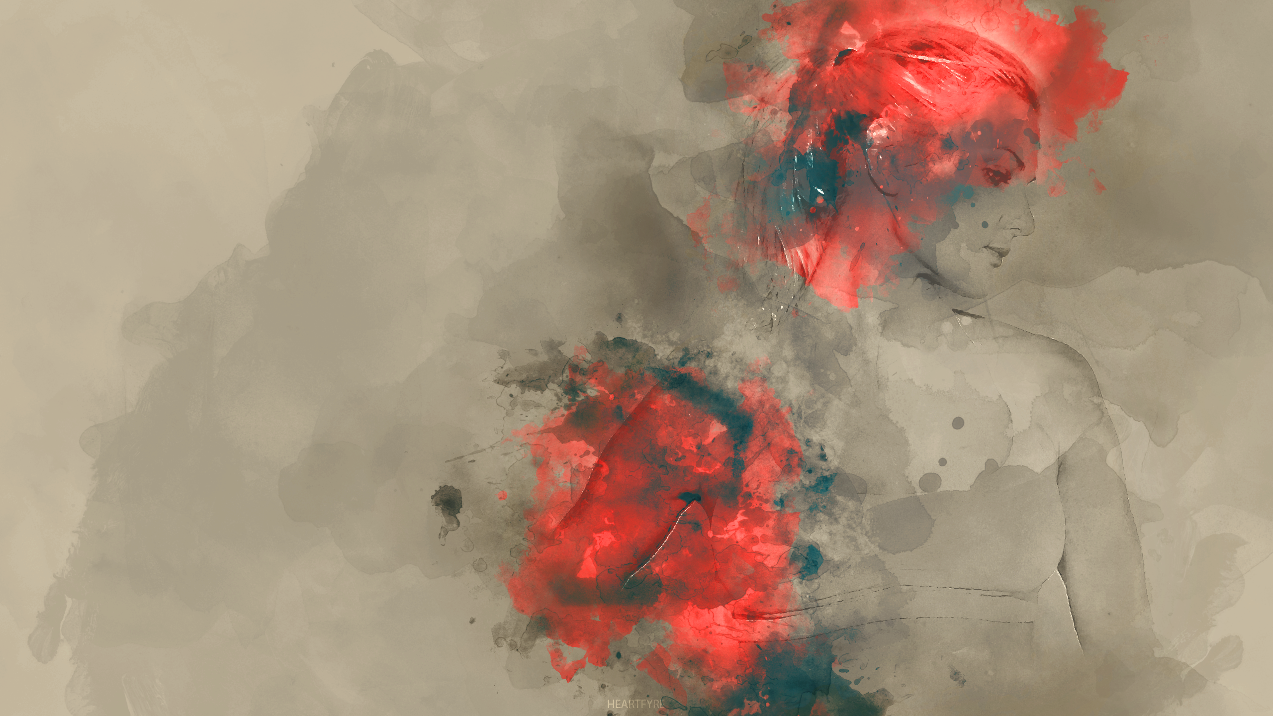 Watercolor portrait of a woman with red and teal splashes HD Wallpaper