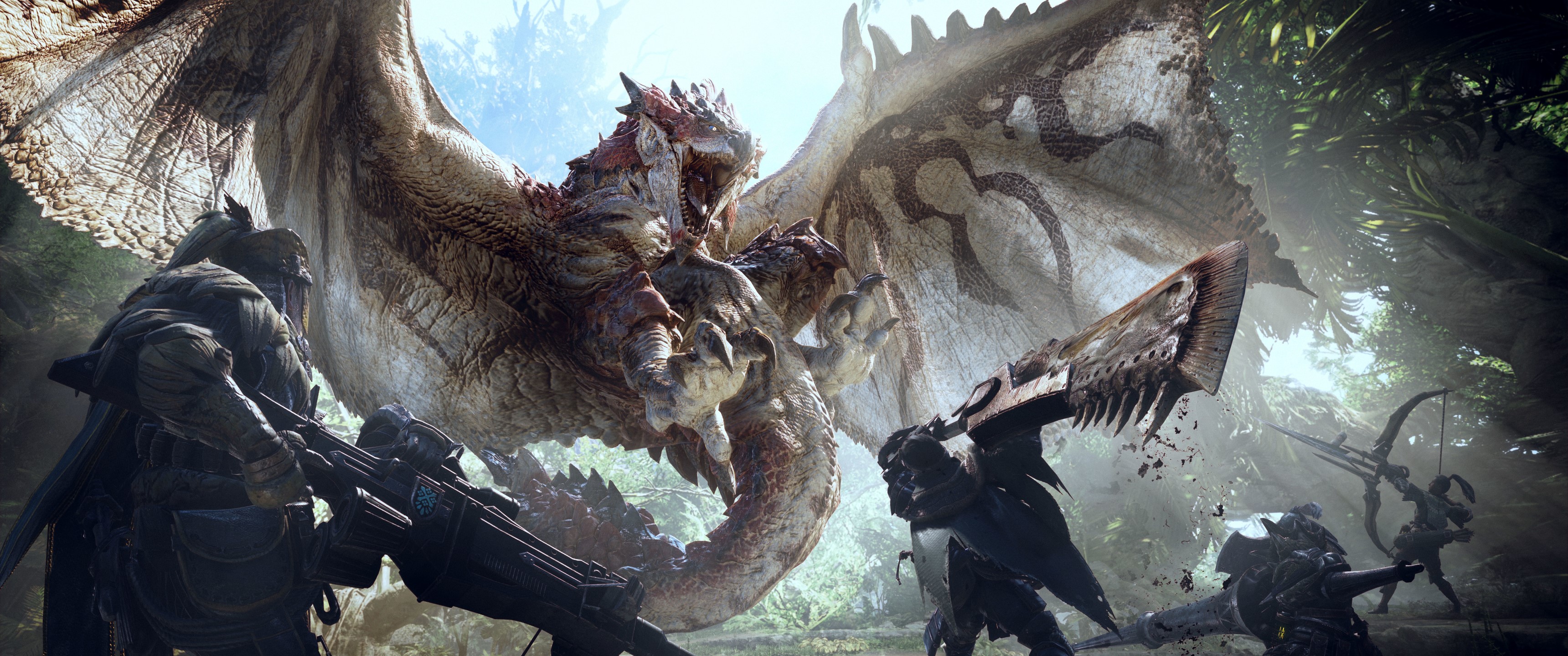 Monster Hunter: World dragon fight with hunters HD Wallpaper