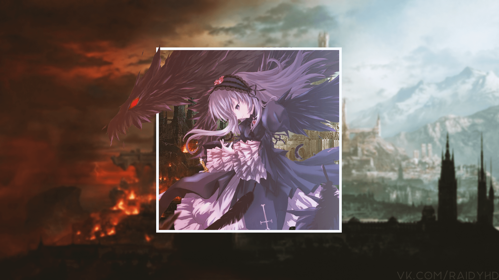 Anime girl with black wings and dragon in front of fantasy landscapes HD Wallpaper