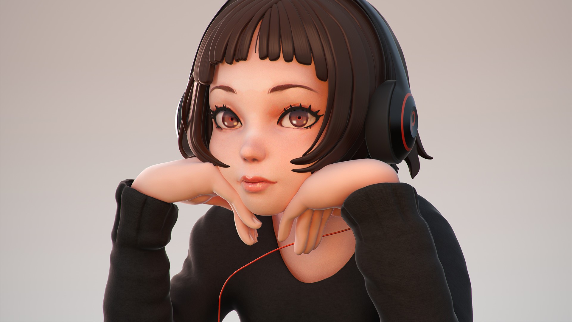 Anime girl with headphones resting chin on hands HD Wallpaper