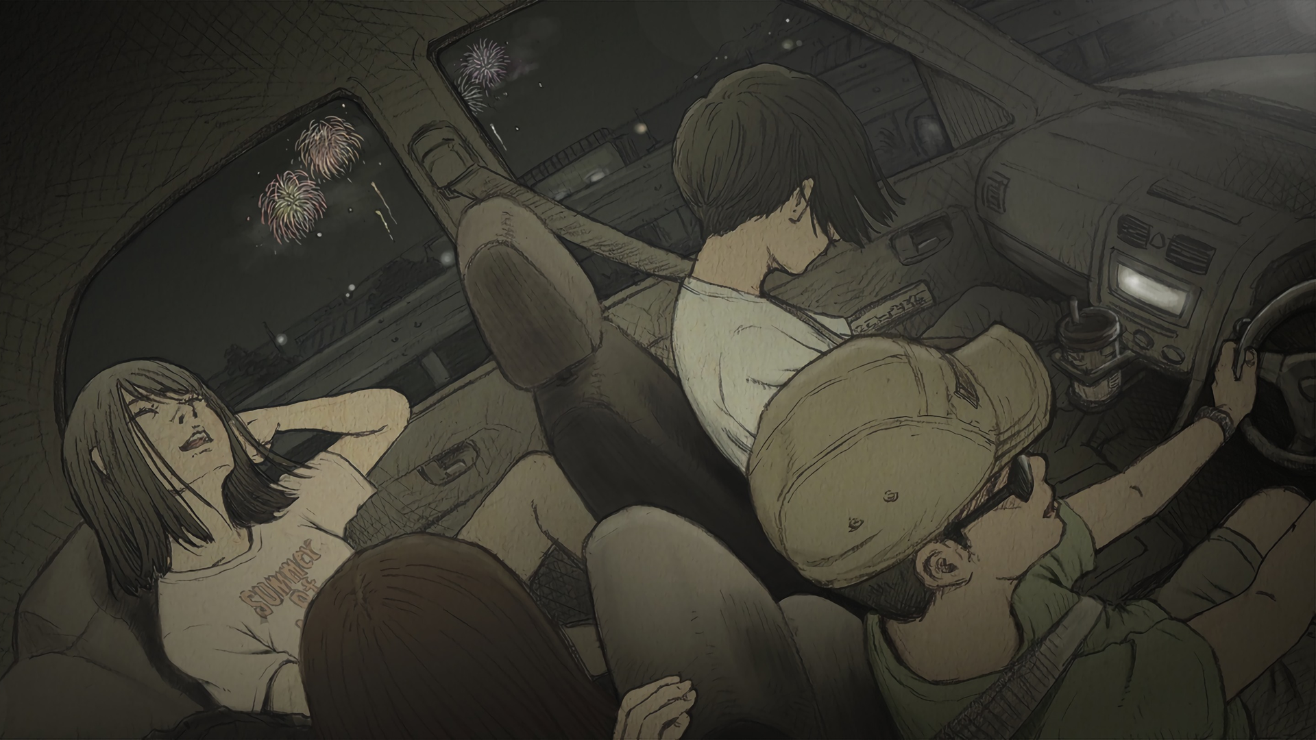 People in a car watching fireworks HD Wallpaper
