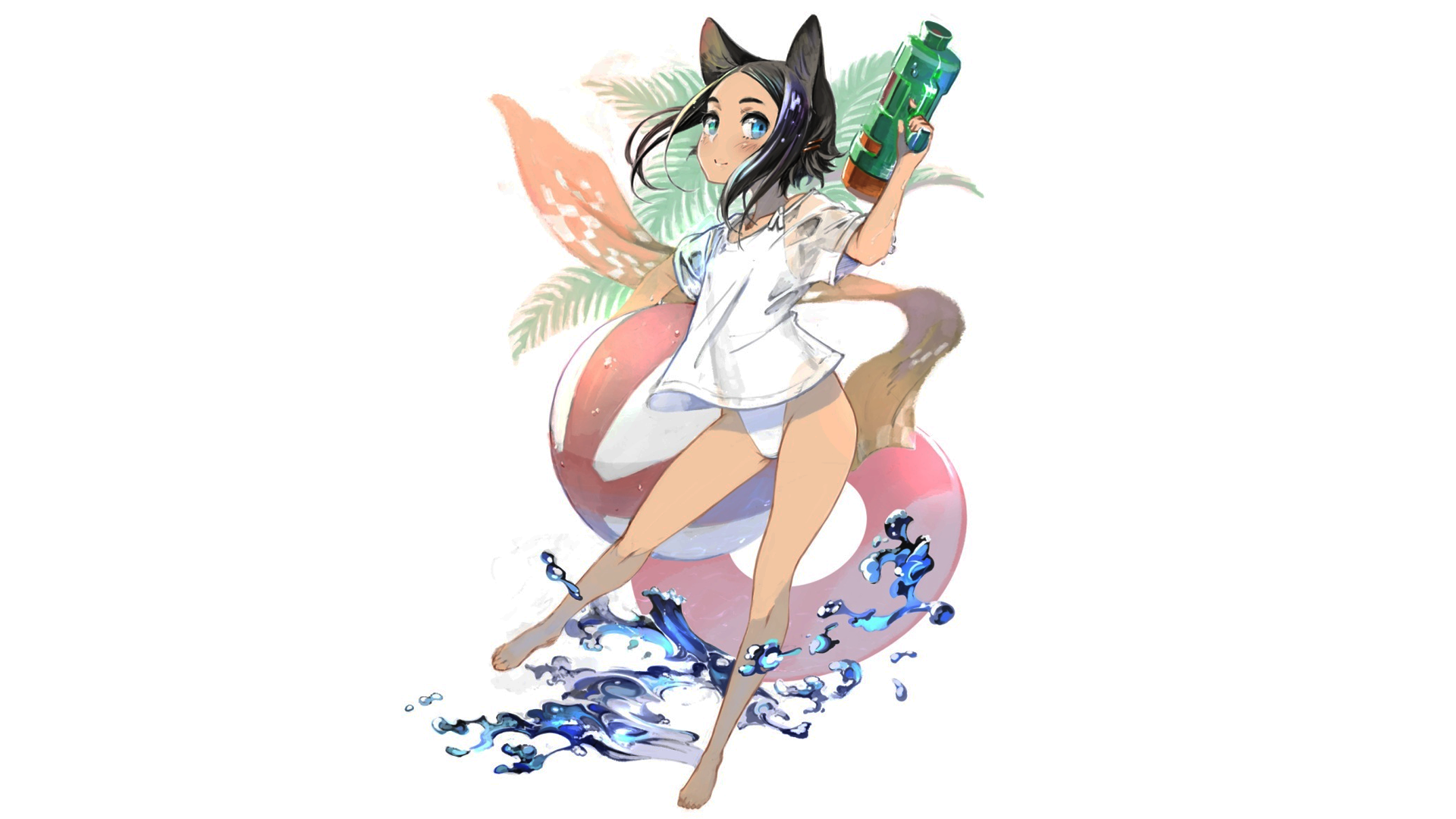Anime girl with cat ears and water gun HD Wallpaper