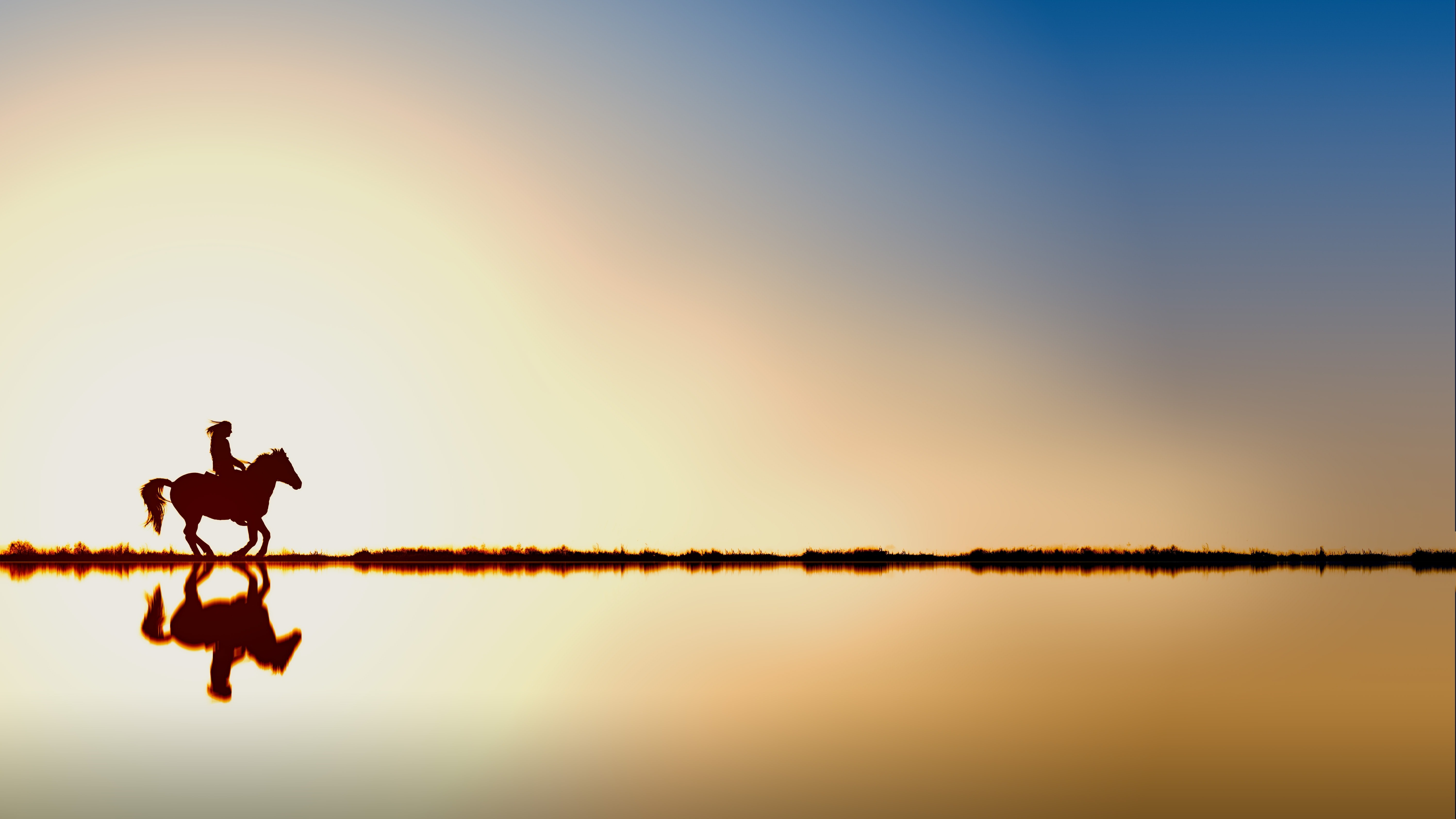 Horse riding at sunset with reflection HD Wallpaper