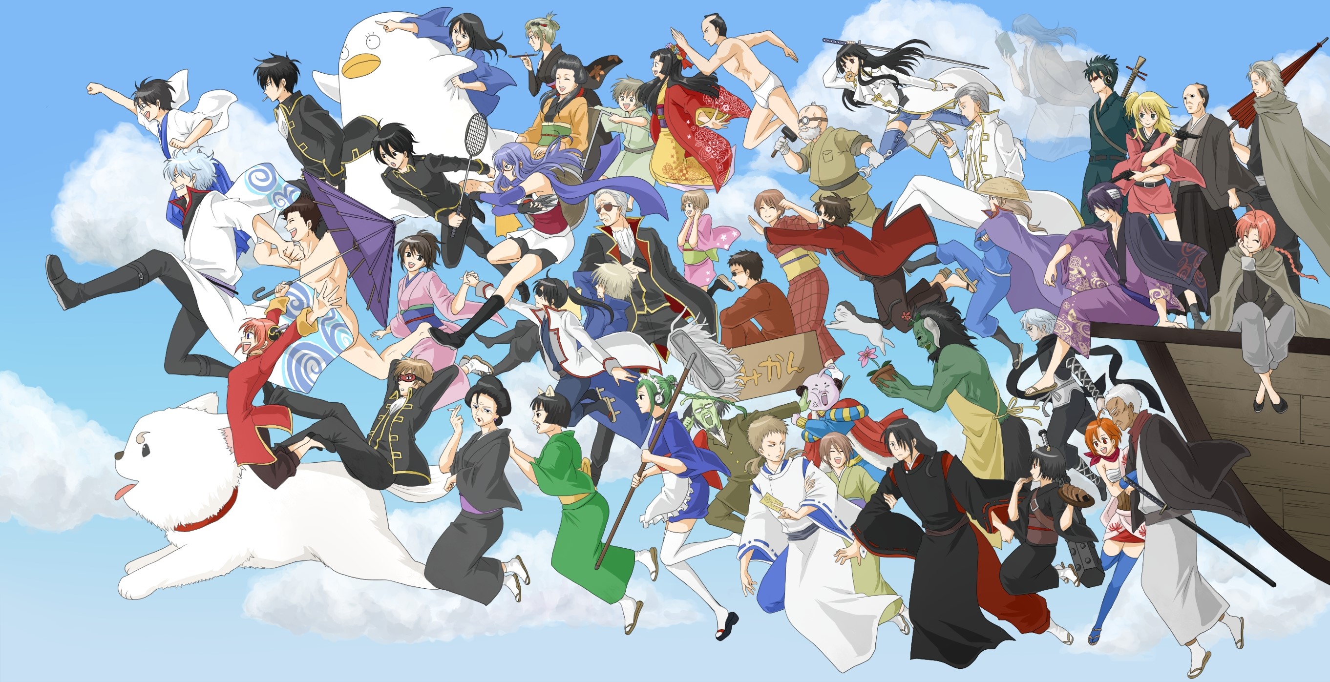 Gintama characters running across the sky HD Wallpaper