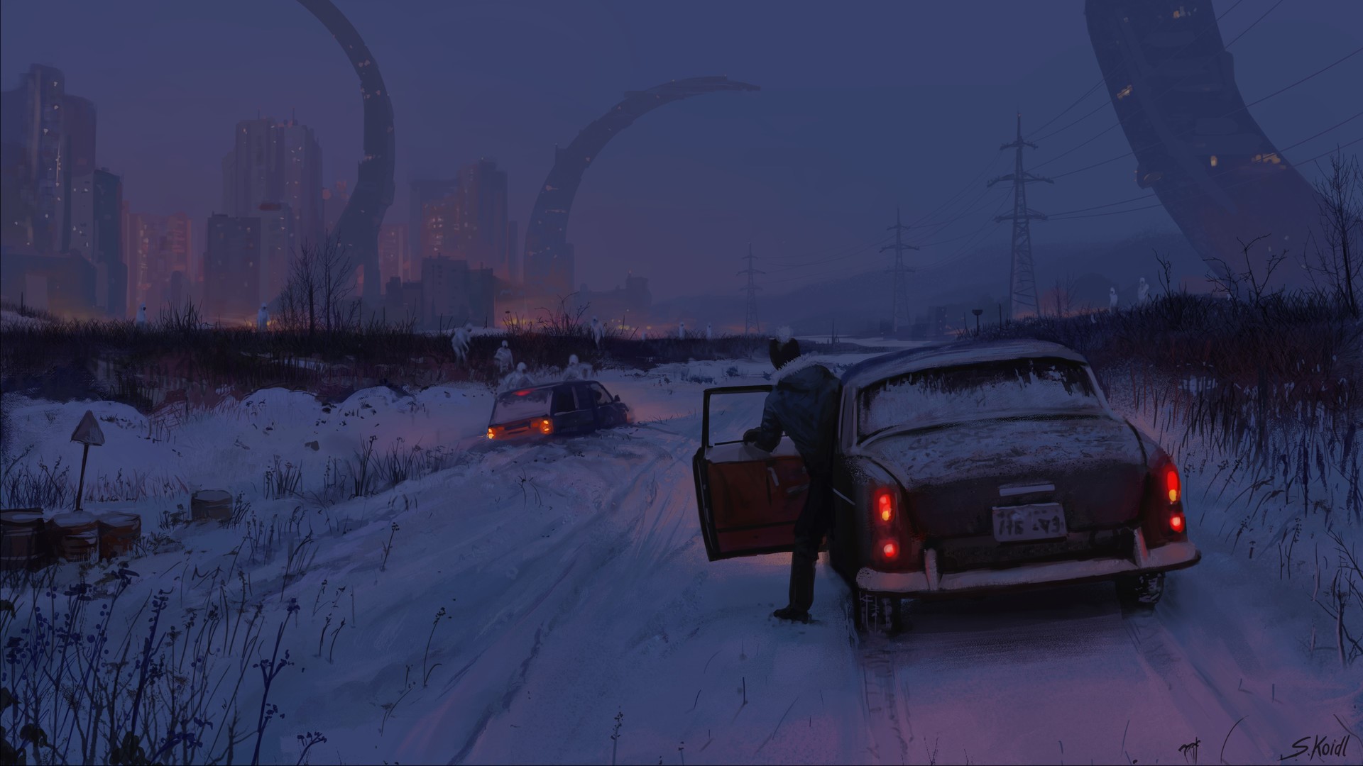 Futuristic apocalyptic city in snow with cars HD Wallpaper