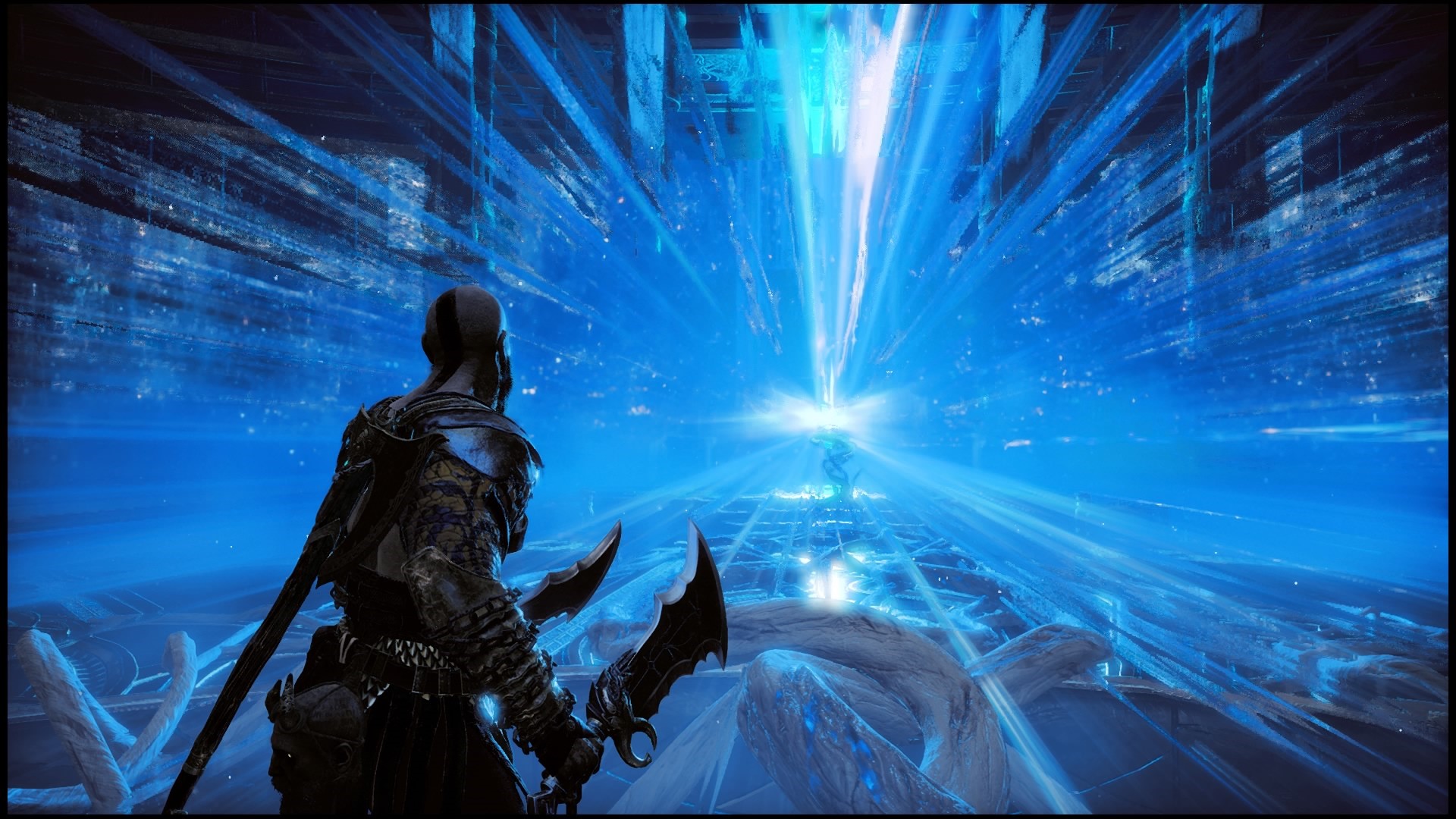 Kratos from God of War in a blue, futuristic environment HD Wallpaper