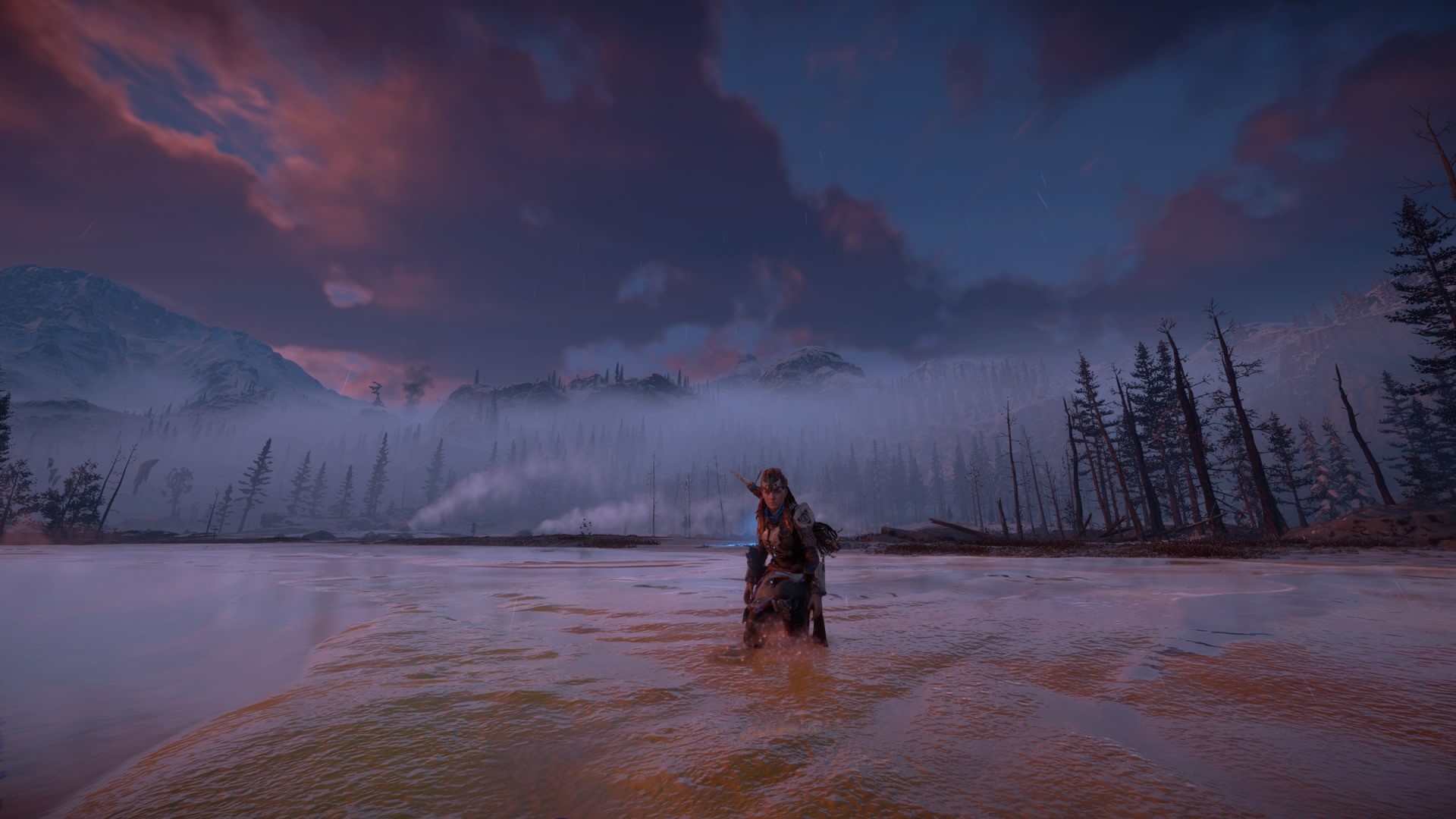 Aloy from Horizon Zero Dawn in a misty landscape HD Wallpaper