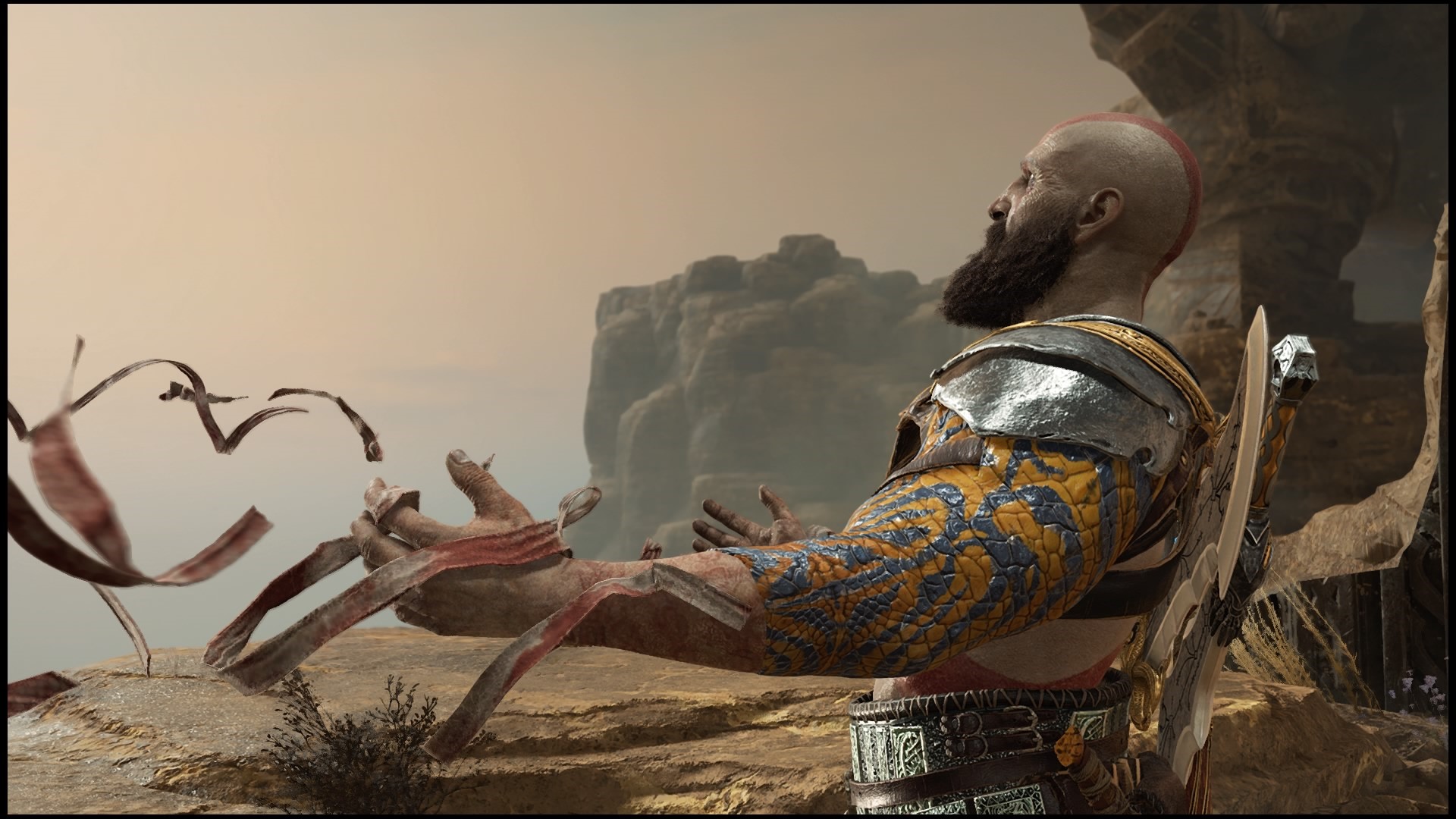 Kratos from God of War with ribbons in the desert HD Wallpaper
