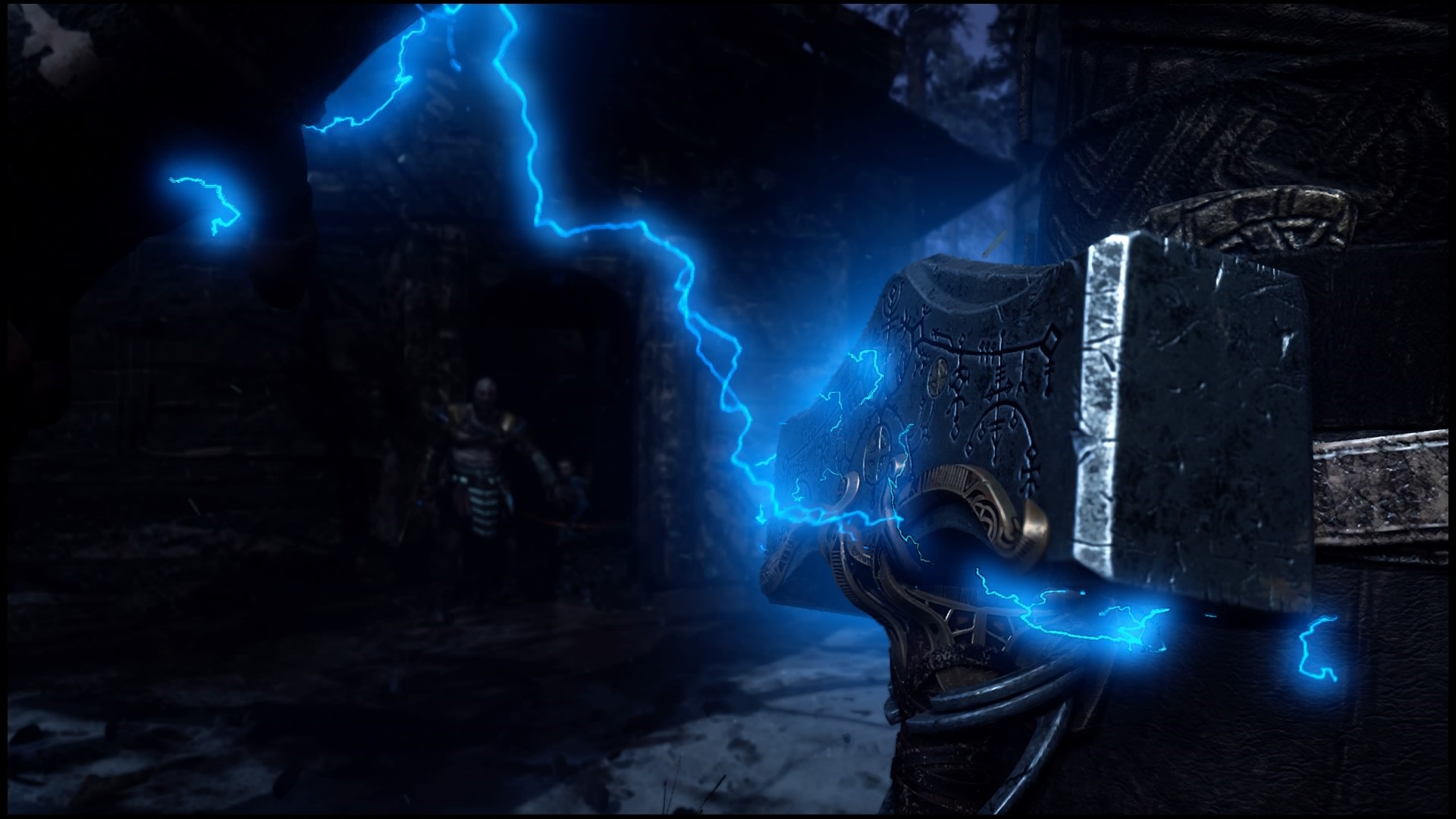 Kratos from God of War with Mjolnir and lightning HD Wallpaper