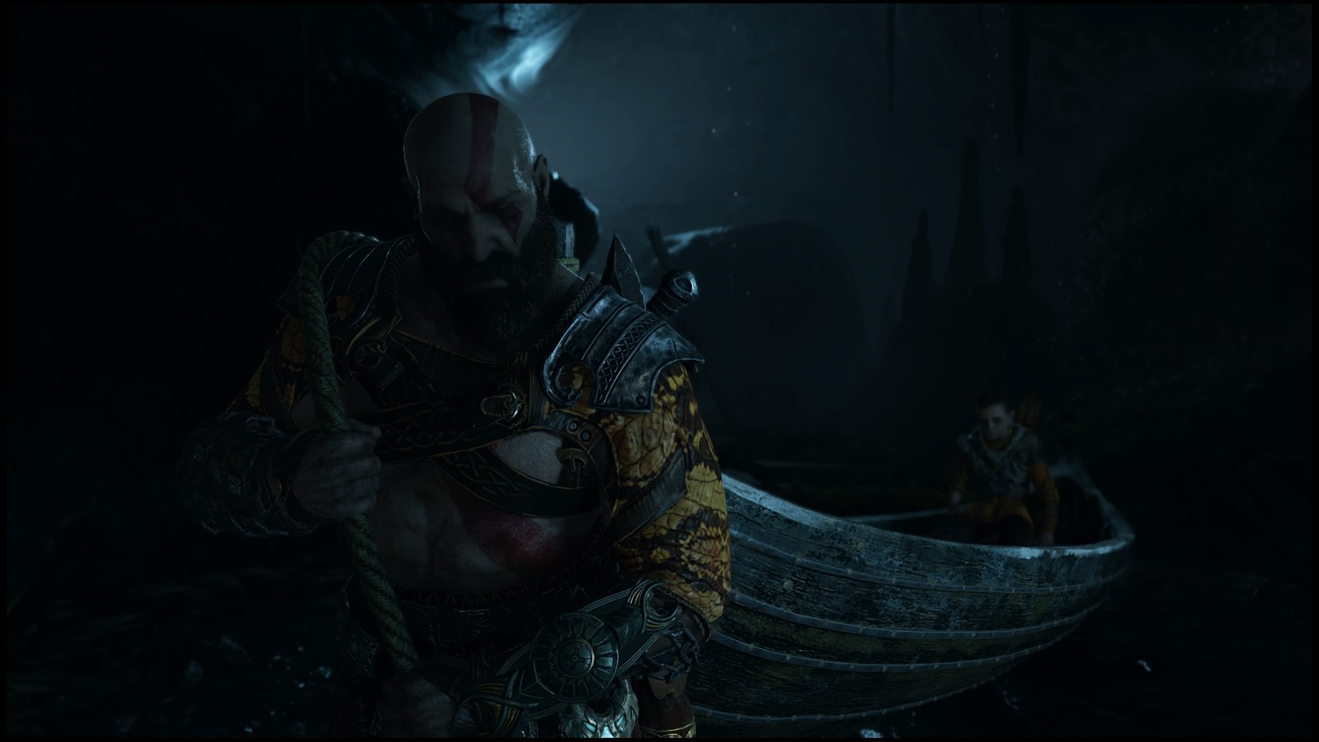 Kratos and Atreus in a boat from God of War HD Wallpaper