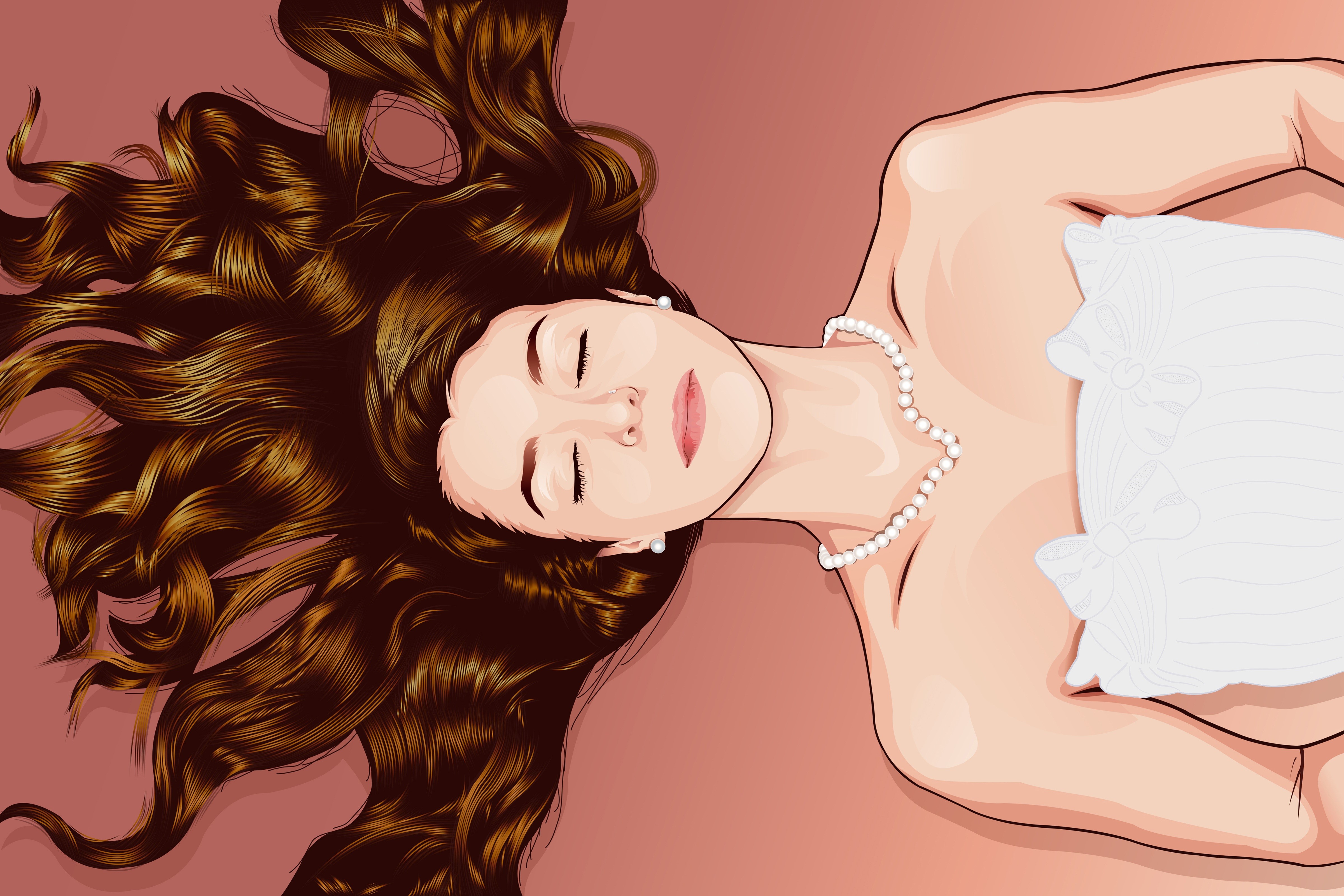 Woman with long brown hair wearing pearls and white dress HD Wallpaper