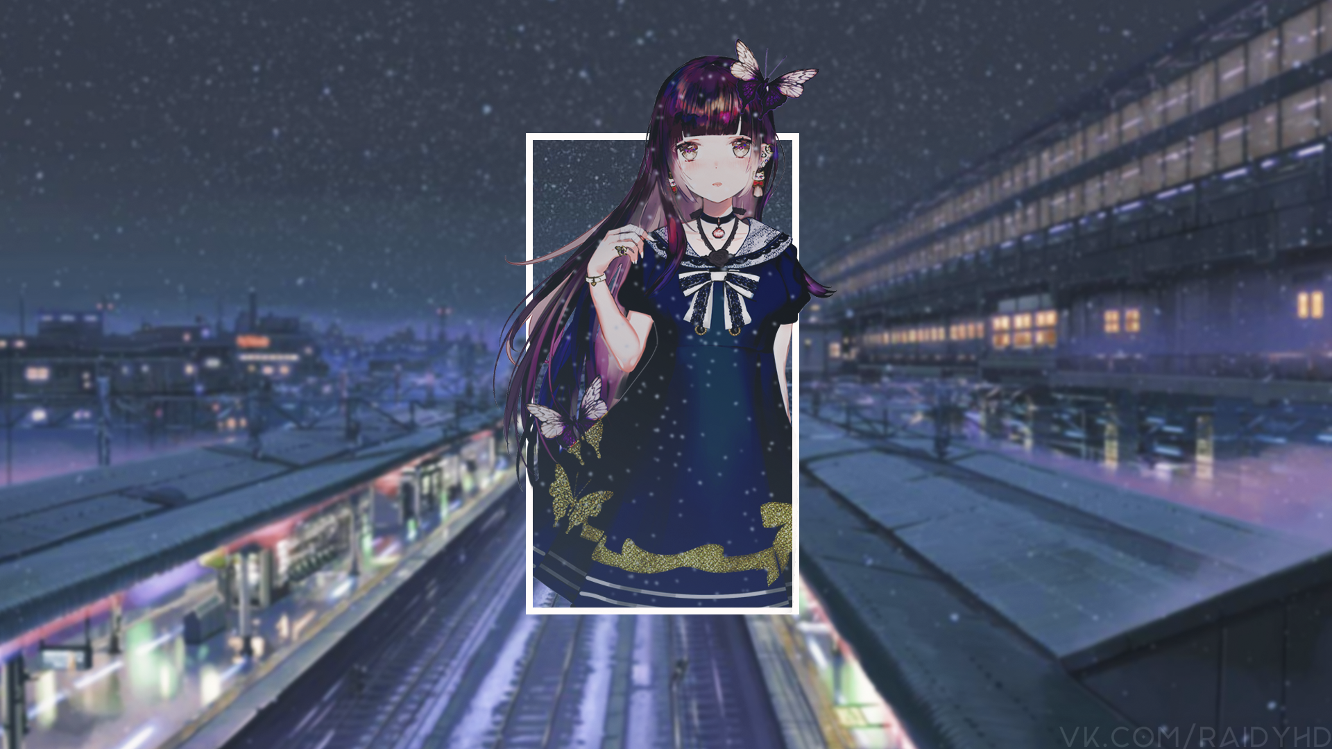 Anime girl with butterflies at a train station at night HD Wallpaper