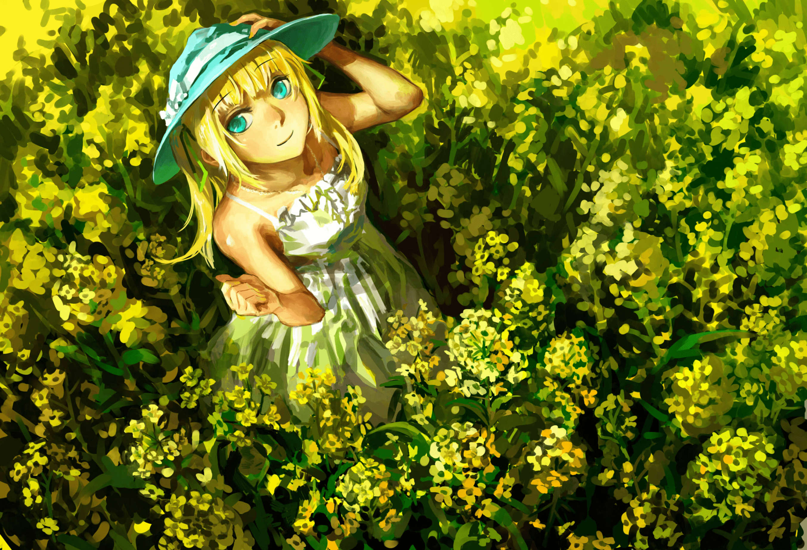 Anime girl in a hat in a field of flowers HD Wallpaper
