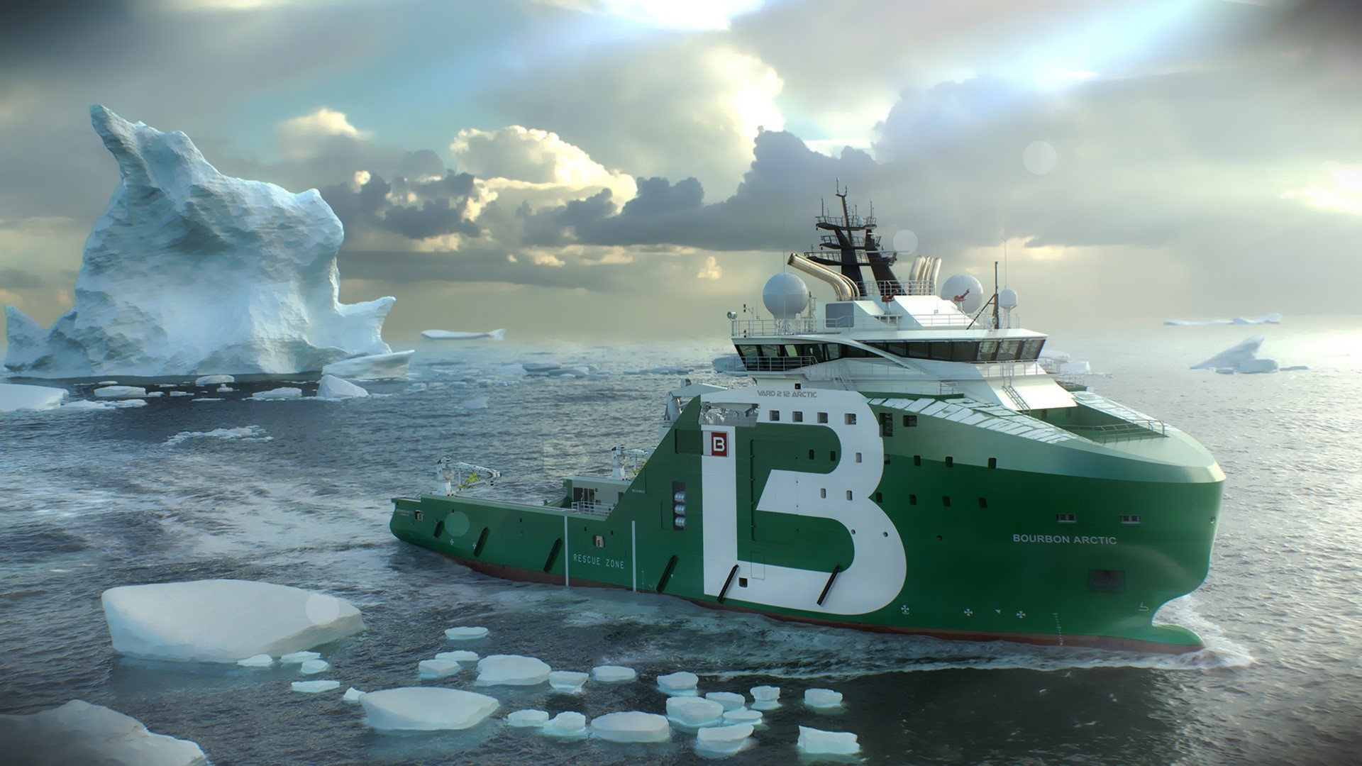 Bourbon Arctic ship navigating through icebergs HD Wallpaper
