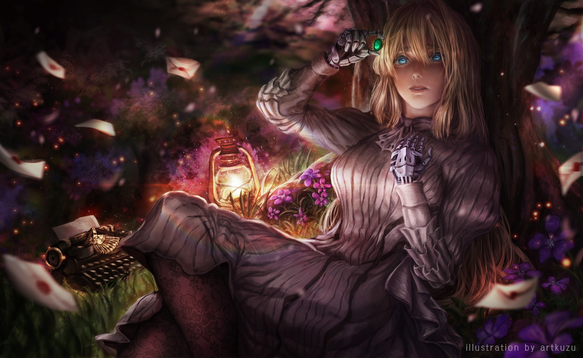 Violet Evergarden with a typewriter and lantern HD Wallpaper