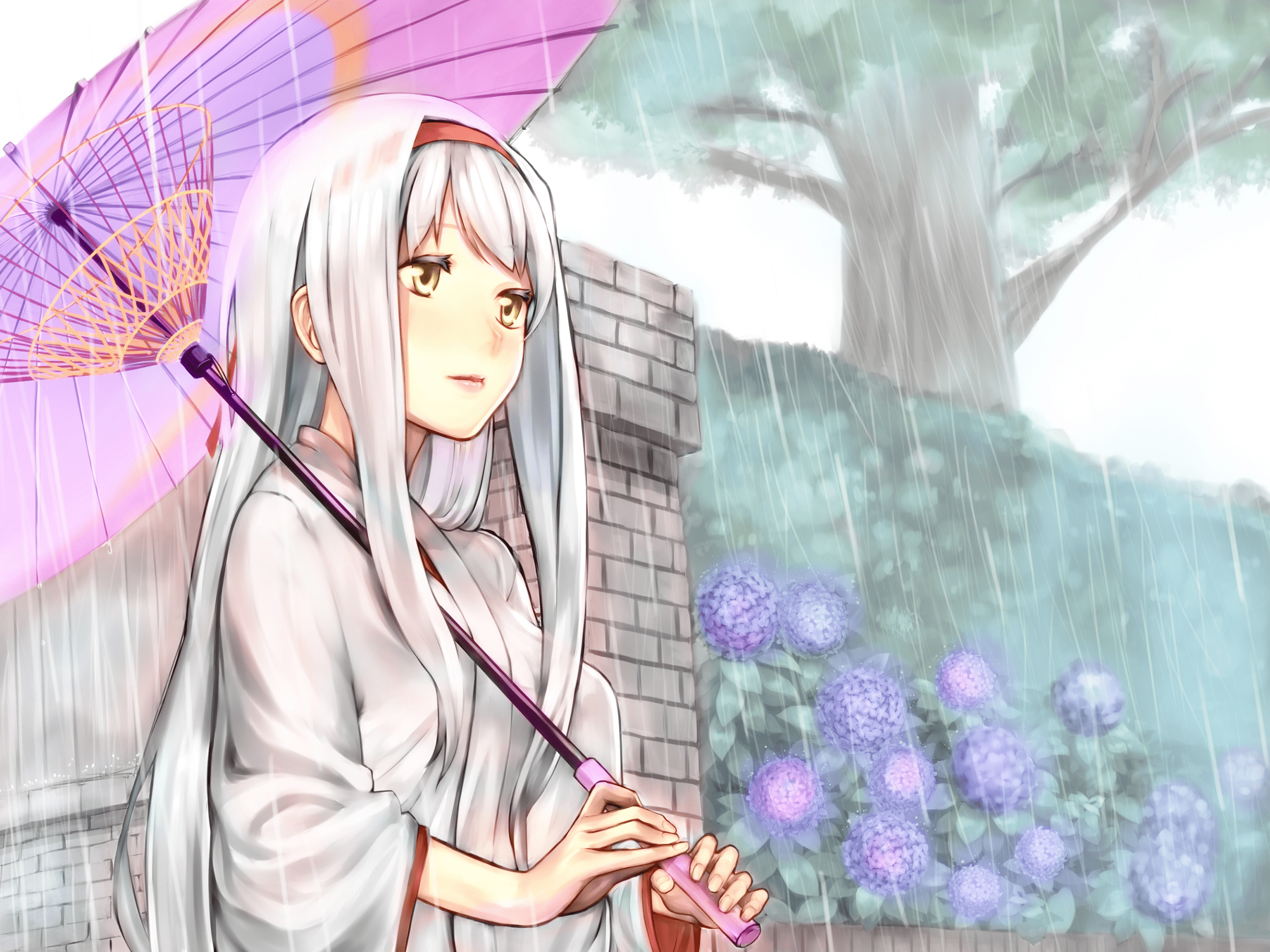 Shoukaku from KanColle with umbrella in the rain HD Wallpaper