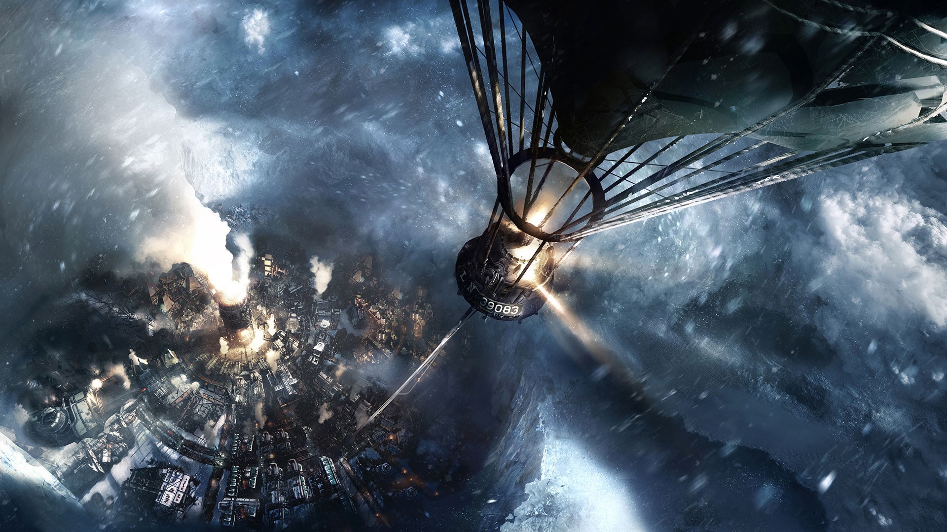Frostpunk airship over a snowy city HD Wallpaper