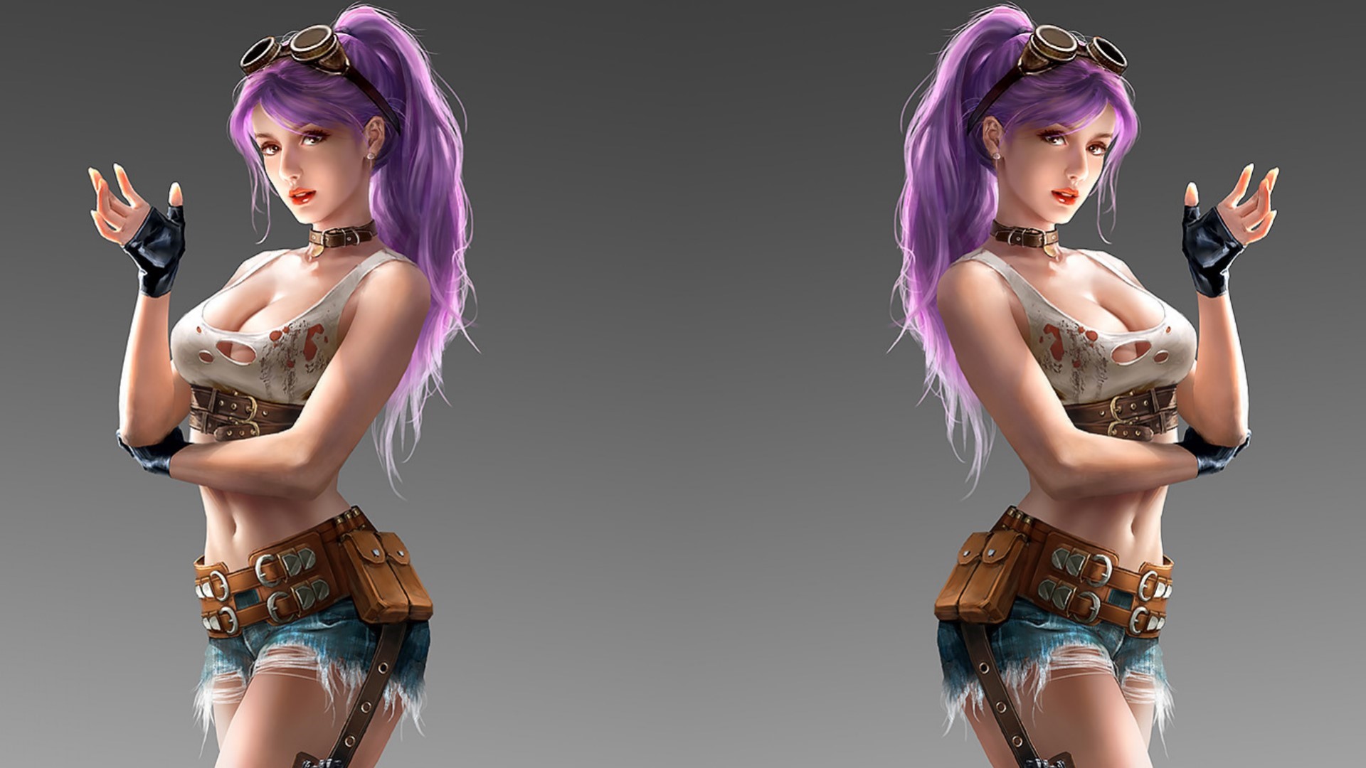 Two women with purple hair and goggles HD Wallpaper