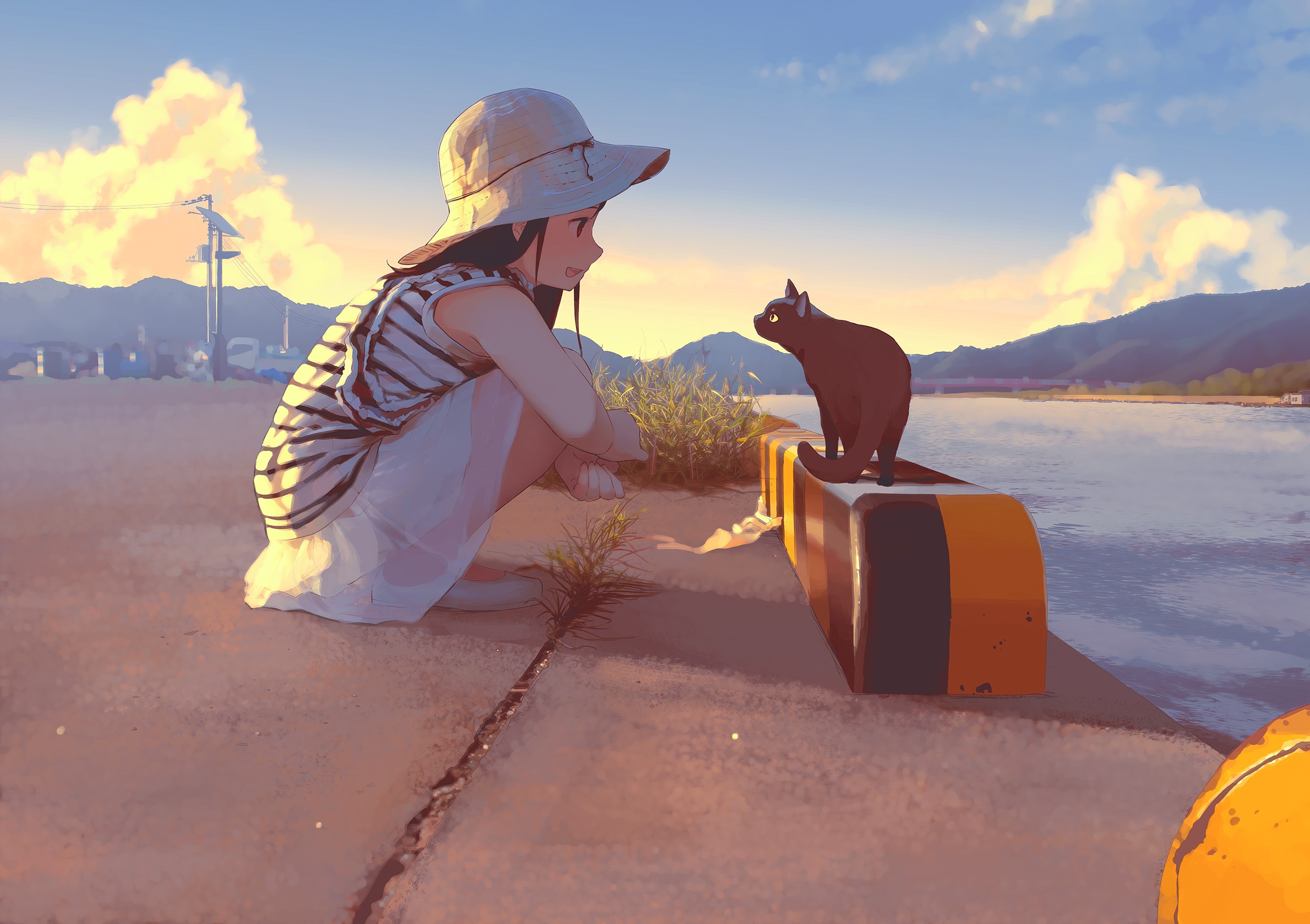 Anime girl in hat with cat by river at sunset HD Wallpaper
