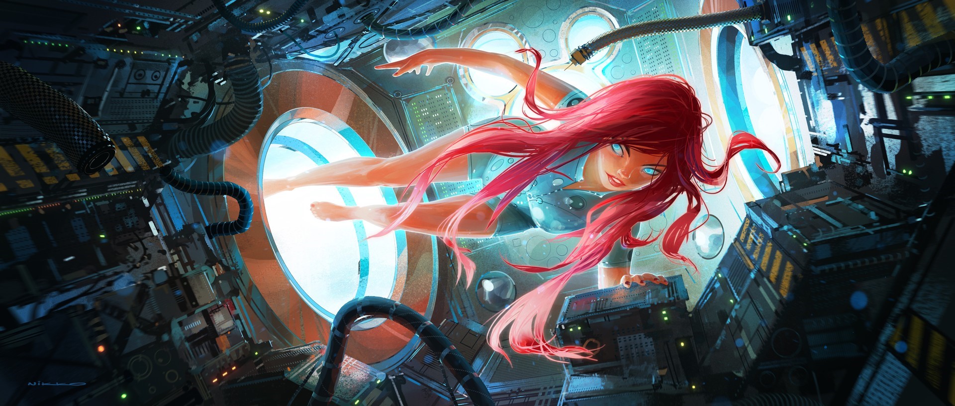 Woman with red hair in futuristic space station HD Wallpaper