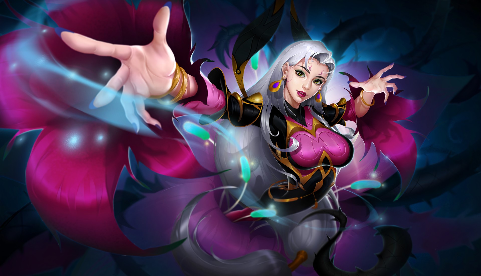 Fantasy girl with white hair casting magic HD Wallpaper