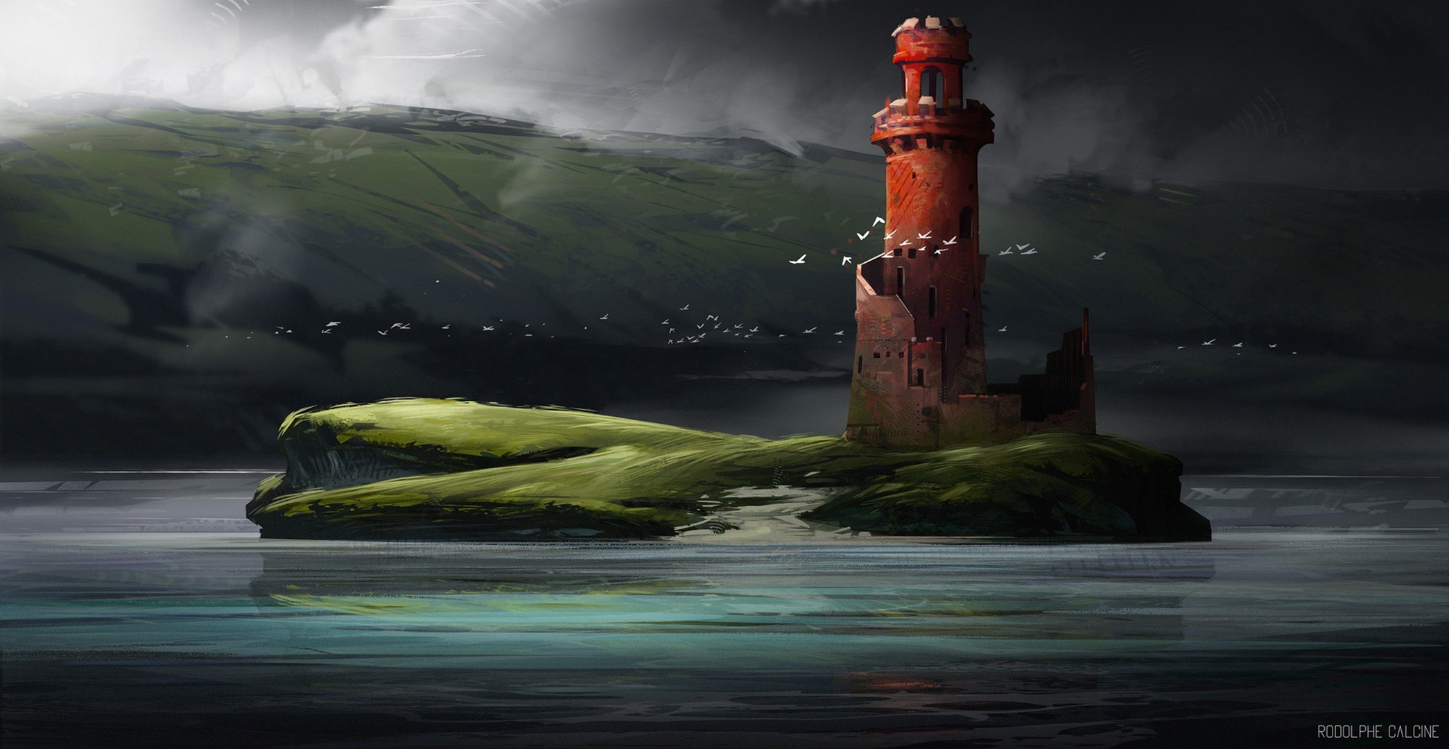Fantasy art of a red tower on an island with birds HD Wallpaper