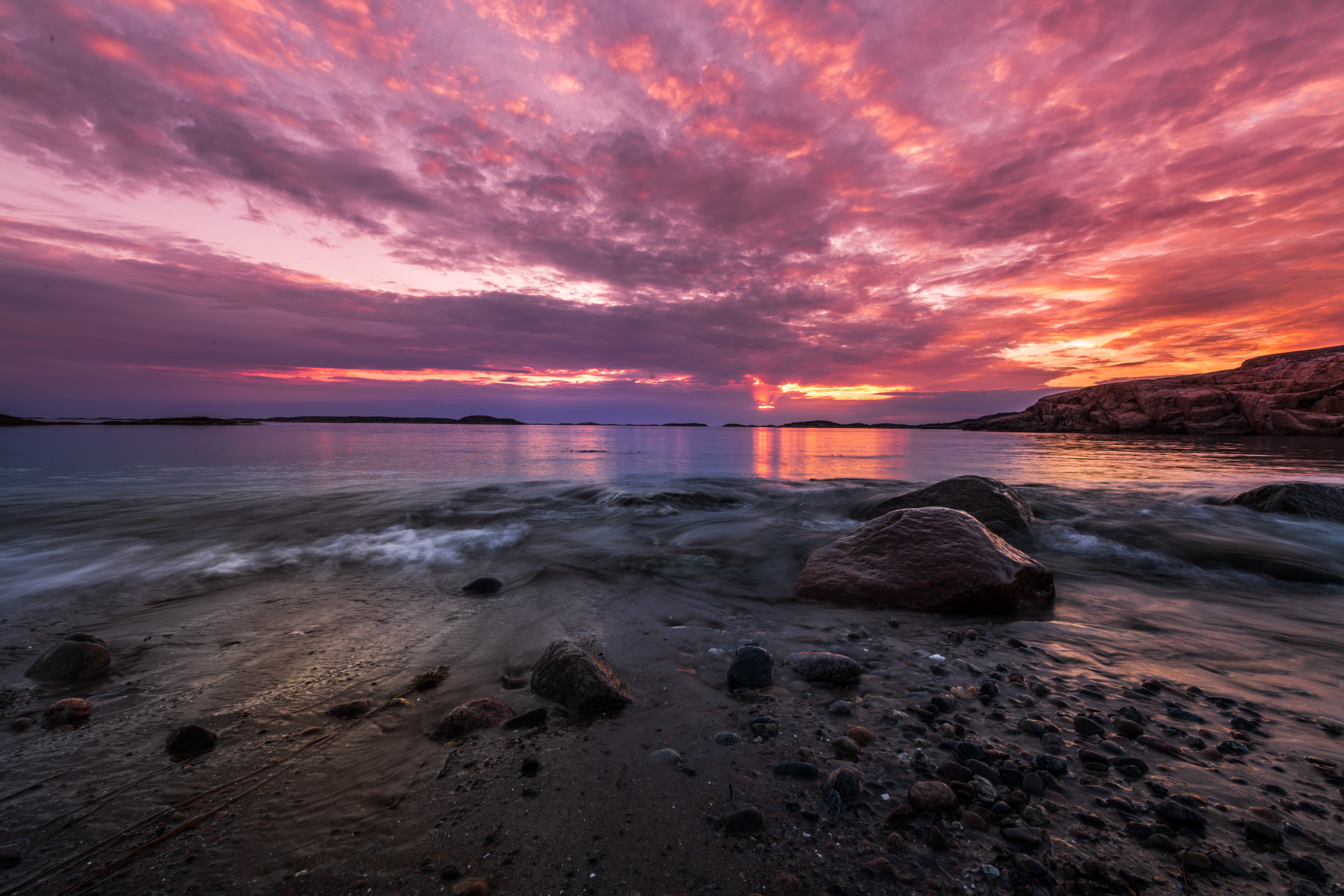 4K rocks sea purple sky water sunrise coast lagoon HD Wallpaper