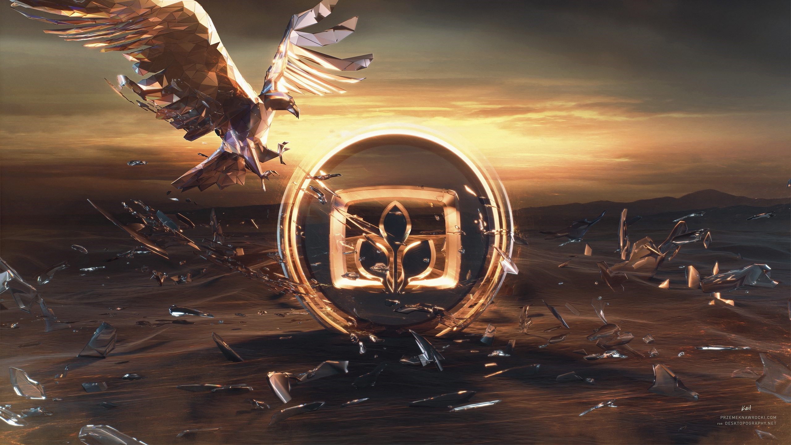Eagle shattering glass logo at sunrise HD Wallpaper