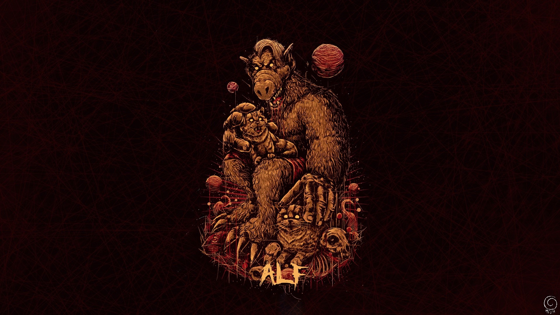 Alf holding a cat with skulls and planets HD Wallpaper