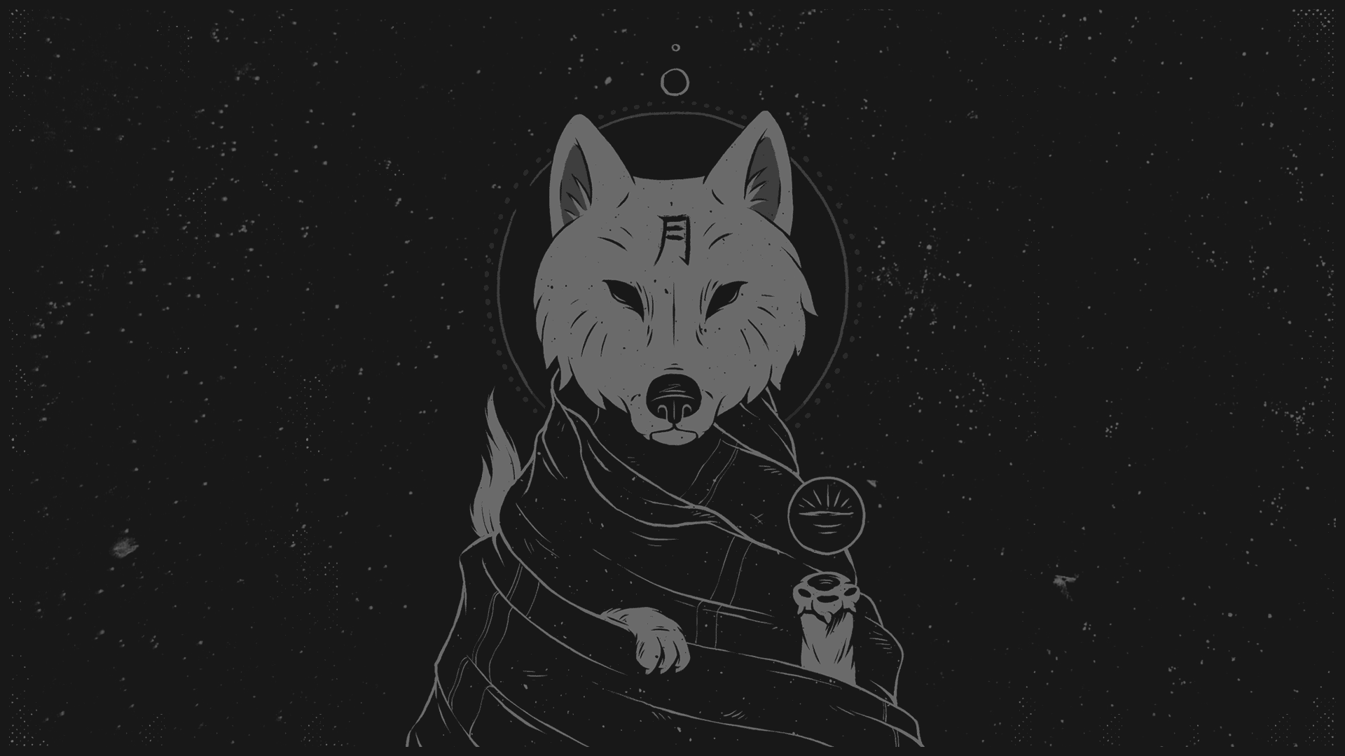 Monochrome wolf with kanji and celestial symbols HD Wallpaper